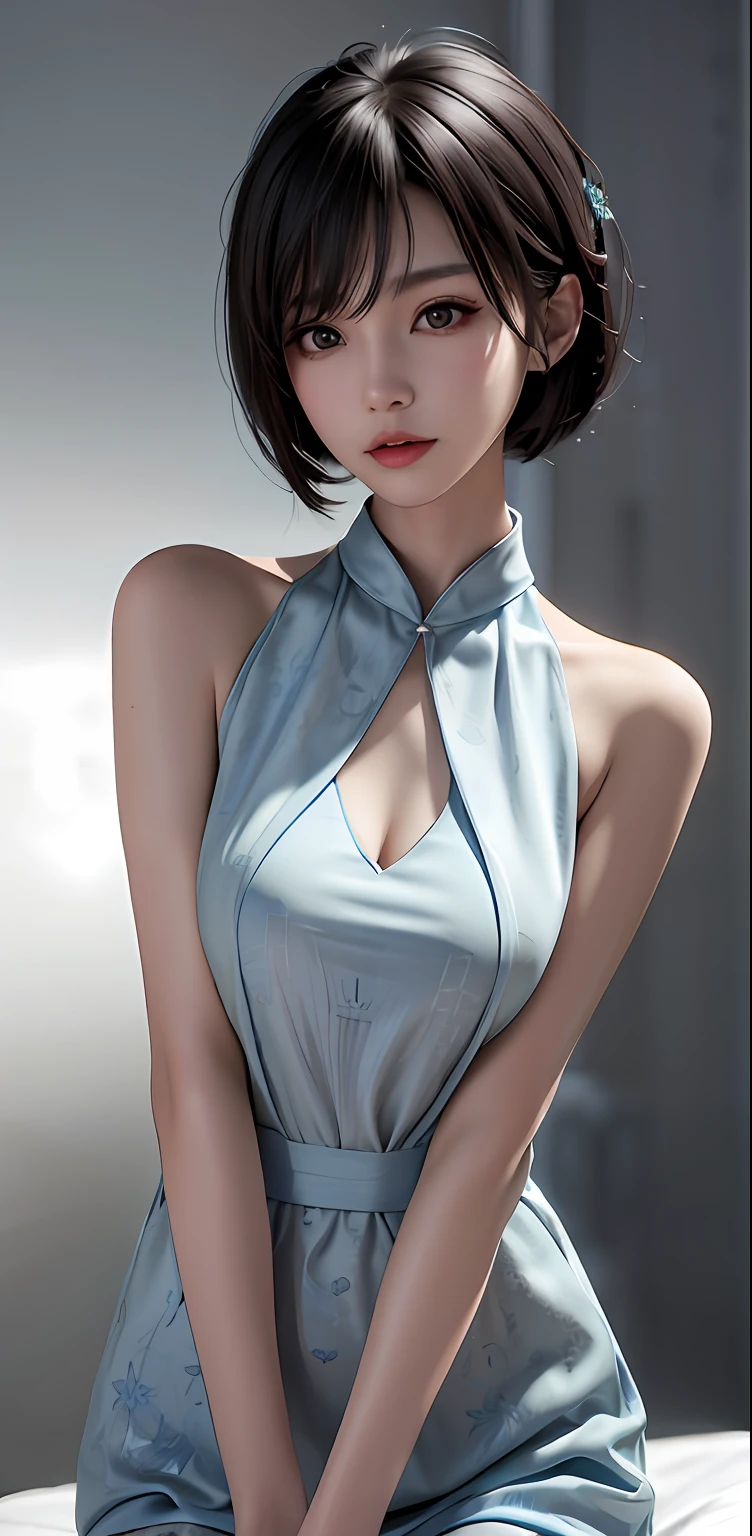 arafed asian woman in a blue dress posing for a picture, beautiful Korean women, Korean woman, by Russell Dongjun Lu, korean women's fashion model, Open V chest clothes, Gorgeous young Korean woman, Korean girl, gorgeous chinese models, smooth 3d cg render, photo of slim girl model, author：yanjun cheng, trending on cgstation