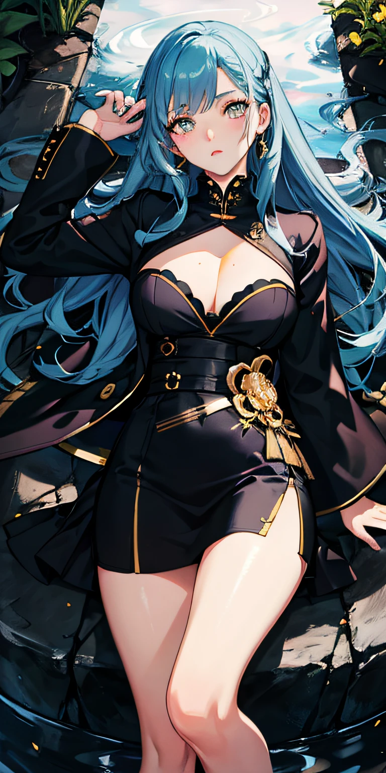 ****, Realistic, 1girll, Blue hair like a fountain, Golden eyeballs, Large breasts, Black skirt, Black jacket, grey shirt, Wear black stockings，upper legs, Glow, Glowing eyes, Lips, Blush, Makeup, Night, Flowers, Light rays, Genshin Impact:0.6,laying on，A look of anger，