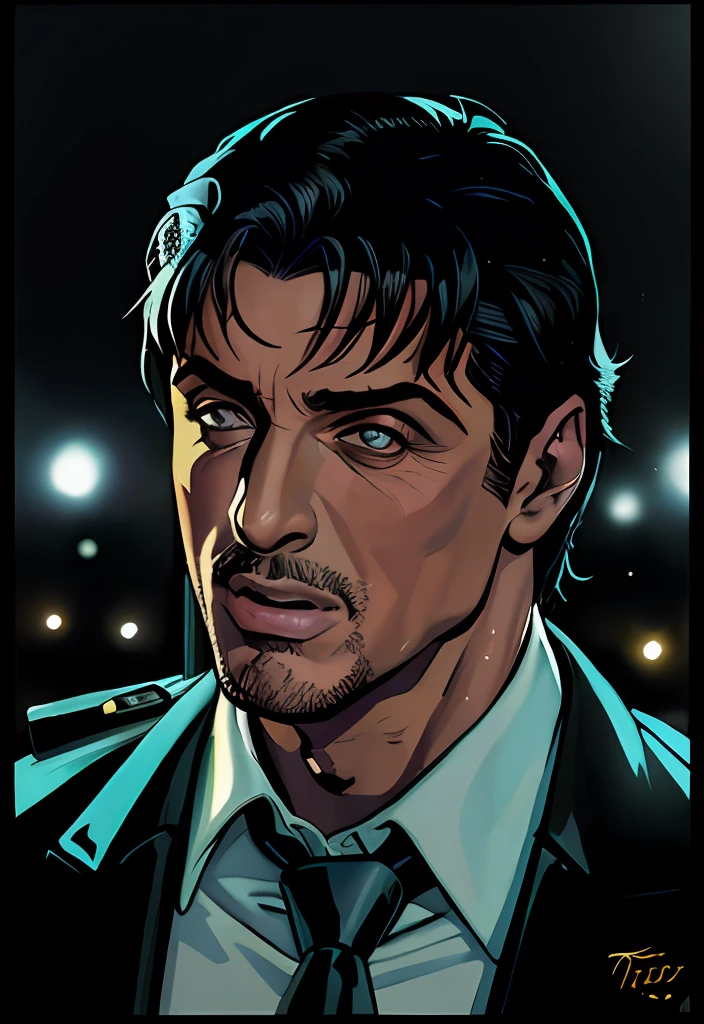 (((Cara confusa)), (comic styled), Silvester Stallone como policial, cena escura, ao ar livre a noite em uma fazenda, olhos azuis, fazenda Noturna, particles, Chuva leve, Foco masculino, (cabo de fluxo longo), noite, Chuva, fundo detalhado, (arte de Frank Miller), obra-prima, (realista:1.3), perfect illumination, sombreamento perfeito, (textura realista do tecido), hiper-realista, (fotorrealista:1.5)