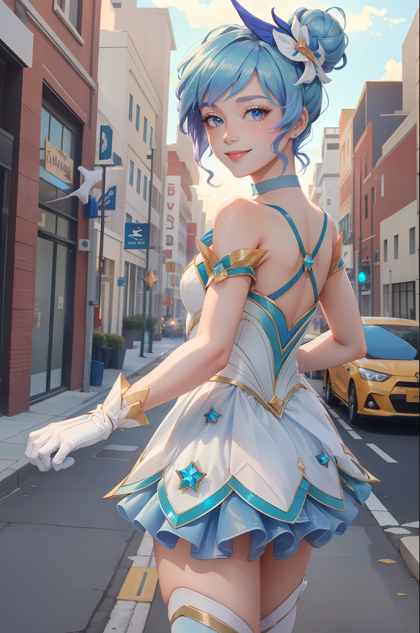 (Masterpiece:1.4), (Best quality:1.2), star guardian orianna, Blue hair, hair-bun, Ballerina, Short dress, White gloves, Smile, Upper body, Cowboy shot，the street，