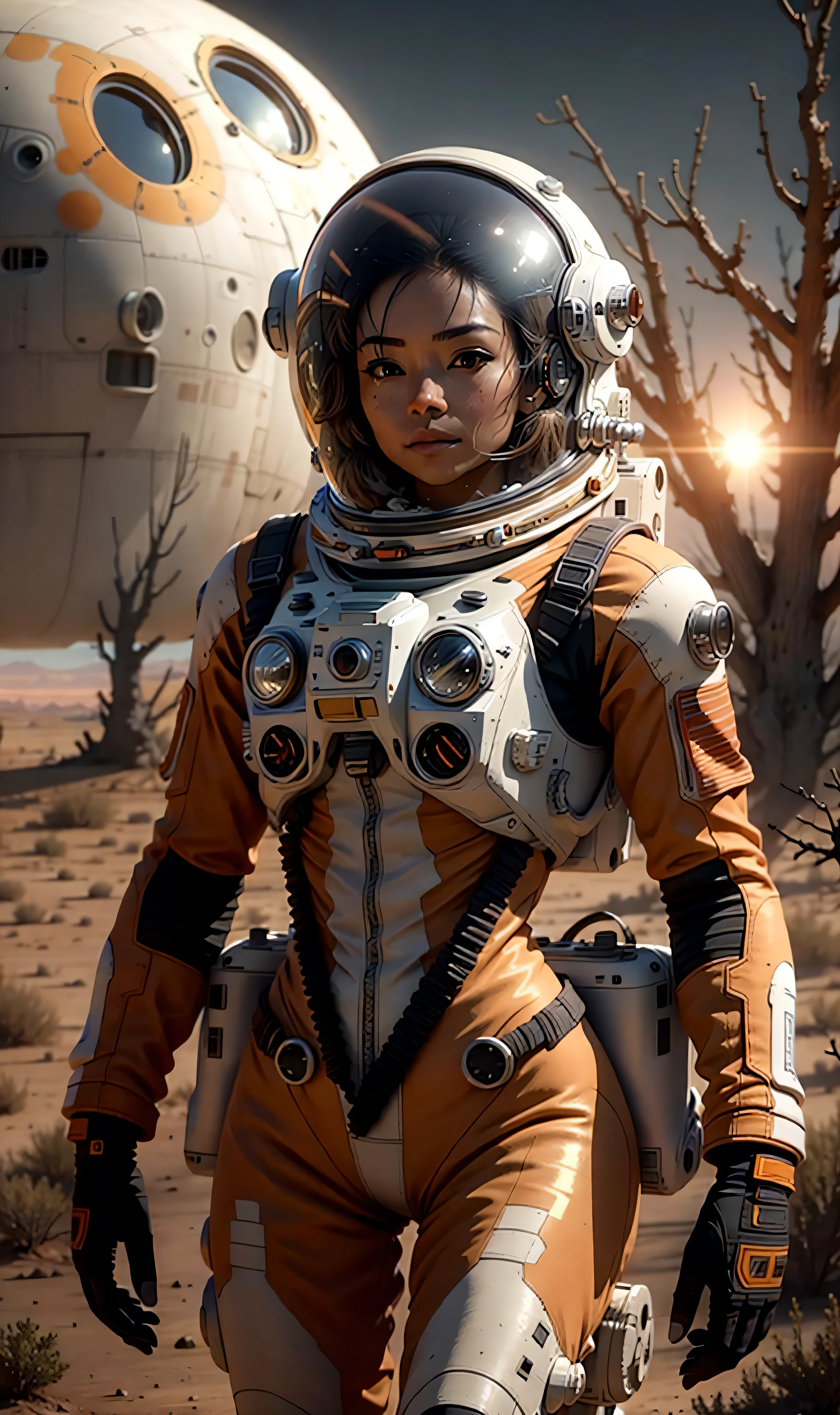 kit bashing, alien landscape, swampland, solitary female astronaut, radio dish antenna, Tangerine Orange, utility belt, Pebble Gray Chrome, sci-fi, masterpiece, 16k, UHD, HDR, the best quality, body-tight suit, intricate, the most fantastic details, cinematic composition, dramatic lighting, full body, celestial bodies in the sky, dead trees, dry bushes, realistic reflections, sunset, a military compound, to scale, lonely, sad, dynamic posture