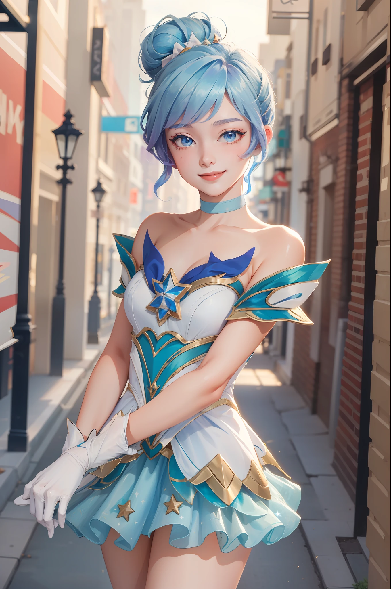 (Masterpiece:1.4), (Best quality:1.2), star guardian orianna, Blue hair, hair-bun, Ballerina, Short dress, White gloves, Smile, Upper body, Cowboy shot，the street，