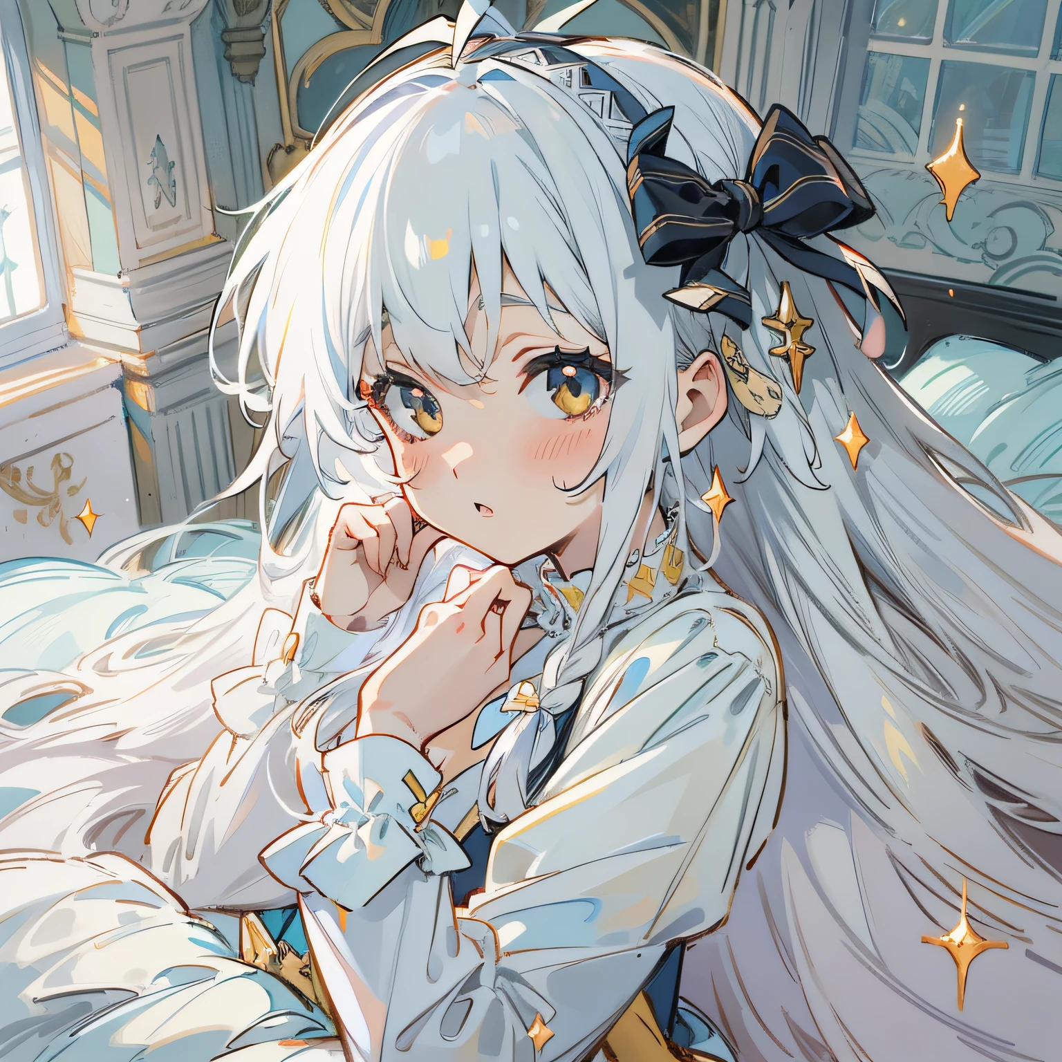 White hair, ahoge, bangs, hair between eye, Long hair, Double up braid, crystal hair, Expressive hair, Mini top hat, ribbon, Hair ribbon, hair bobbles, white hair ribbon, lolitahairband, White eyes, Sleepy, High detail, Anime, romanticism lain, Anime style, god light, in a panoramic view, hyper HD, Masterpiece, ccurate, Super detail, High details, High quality, Best quality