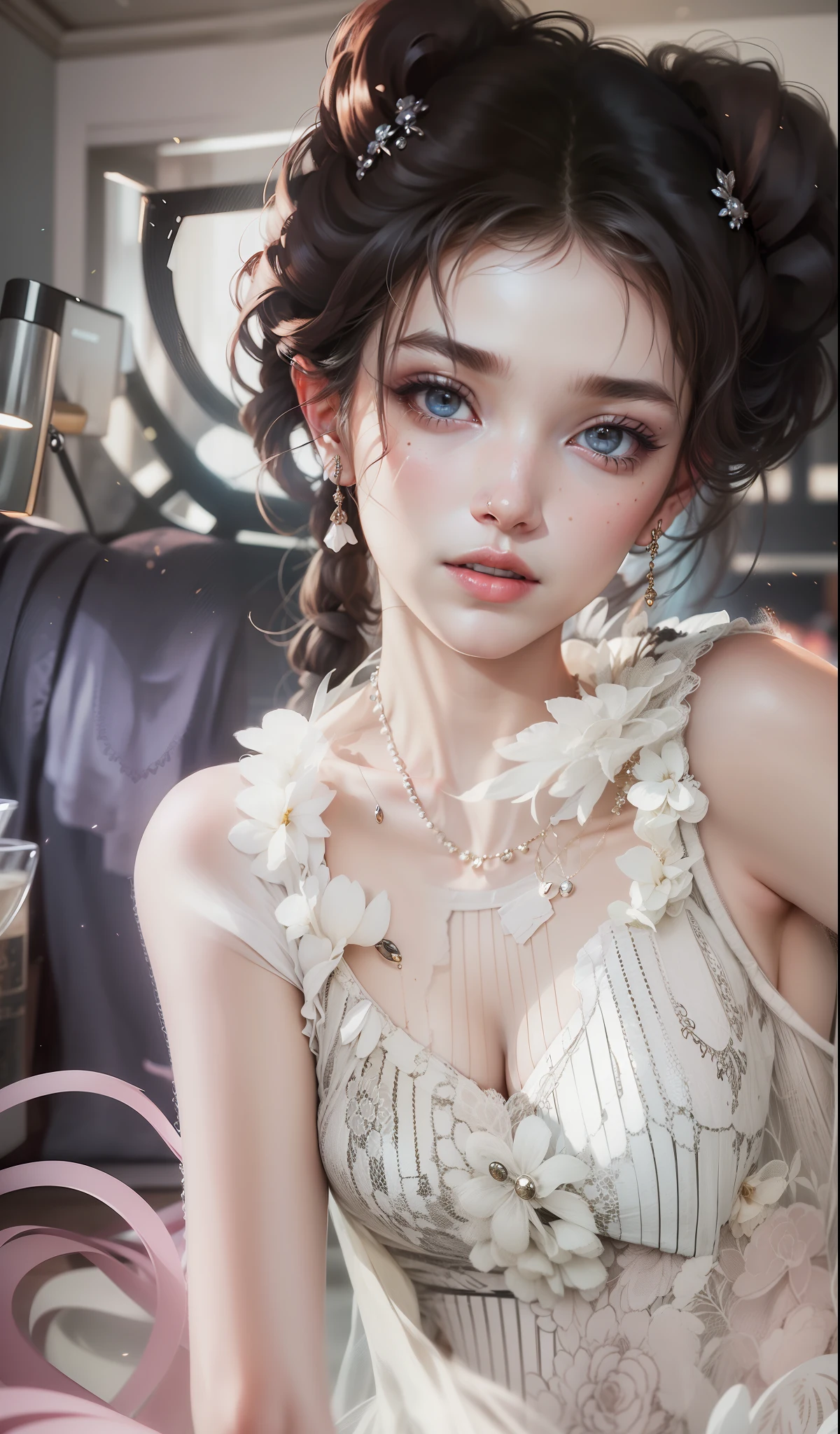 Best quality, masterpiece, high resolution, 1girl, porcelain dress, hair accessories, necklace, jewelry, beautiful face, on the body, Tyndall effect, realistic, dark studio, edge lighting, two-tone lighting, (high detail skin: 1.2), 8k UHD, dslr, soft light, high quality, volumetric light, candid, photo, high resolution, 4k, 8k, background blur,
