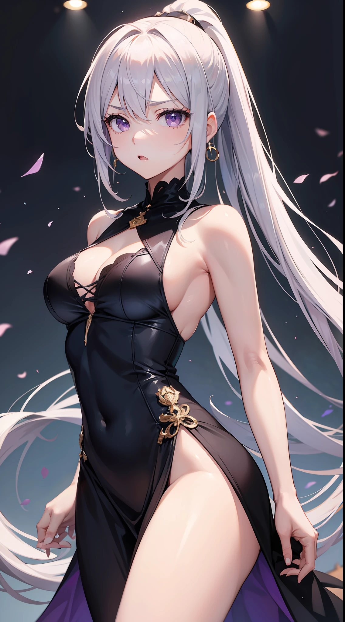 young girl, Long white hair, high ponytail, violet eyes, Rich sleeveless dress, open breasts, anger, Masterpiece, hiquality