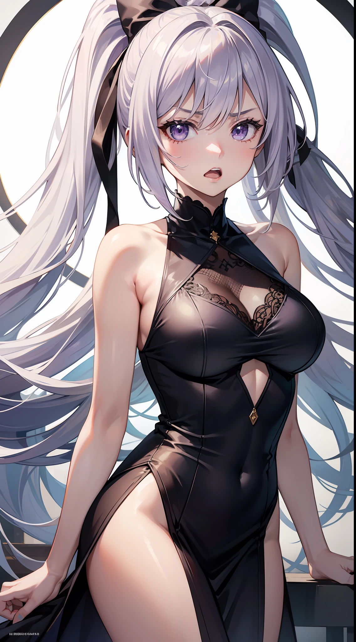 young girl, Long white hair, high ponytail, violet eyes, Rich sleeveless dress, open breasts, anger, Masterpiece, hiquality