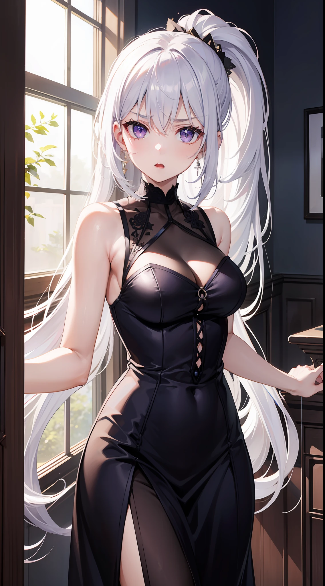 young girl, Long white hair, high ponytail, violet eyes, Rich sleeveless dress, open breasts, anger, Masterpiece, hiquality