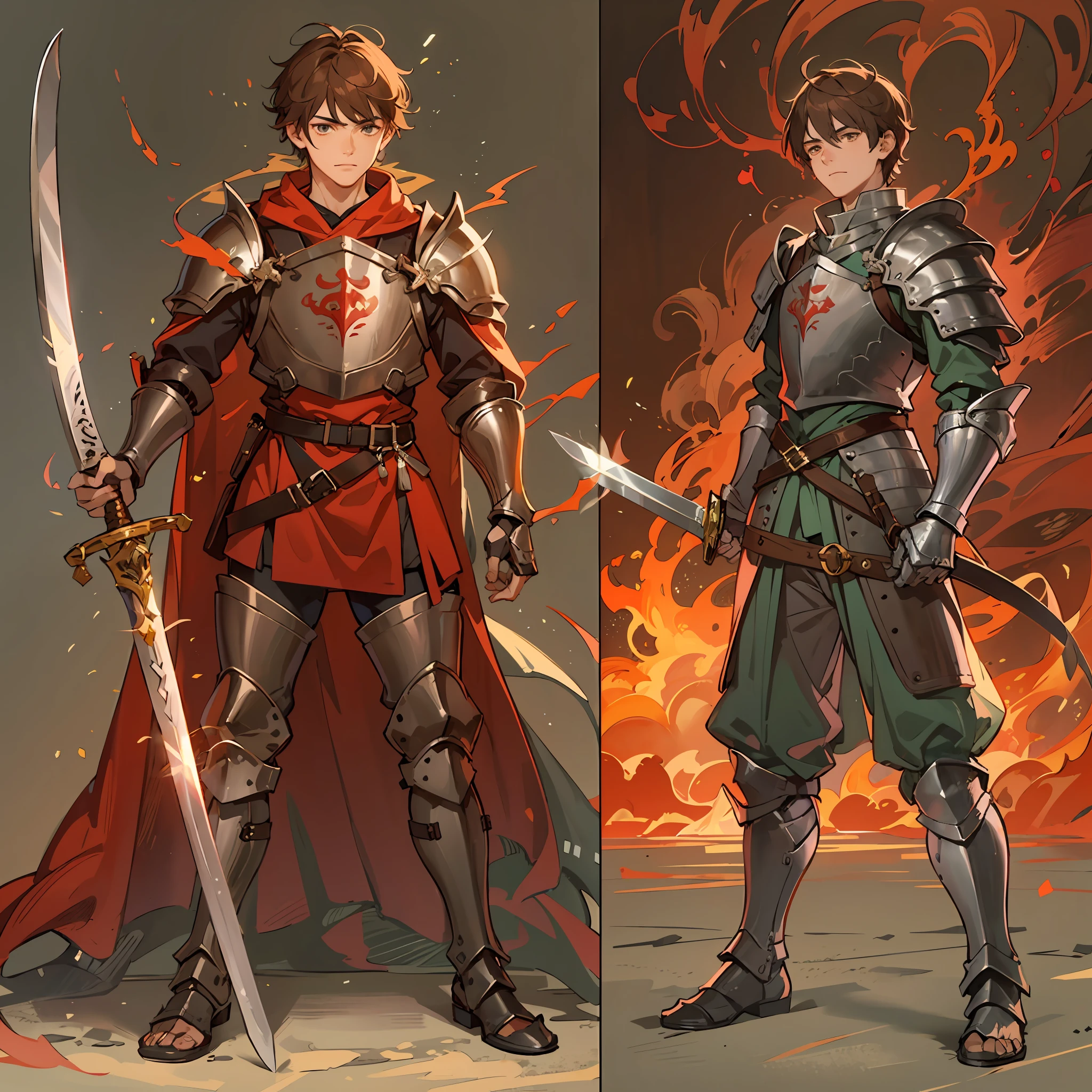 a 17-year-old teenage boy, 1 boy as a swordsman, sword, brown short hair, brown short hair parted in the middle, without a beard, without a goatee, no facial hair, silver colored medieval knight armor, red clothes, with giant flaming flames behind him