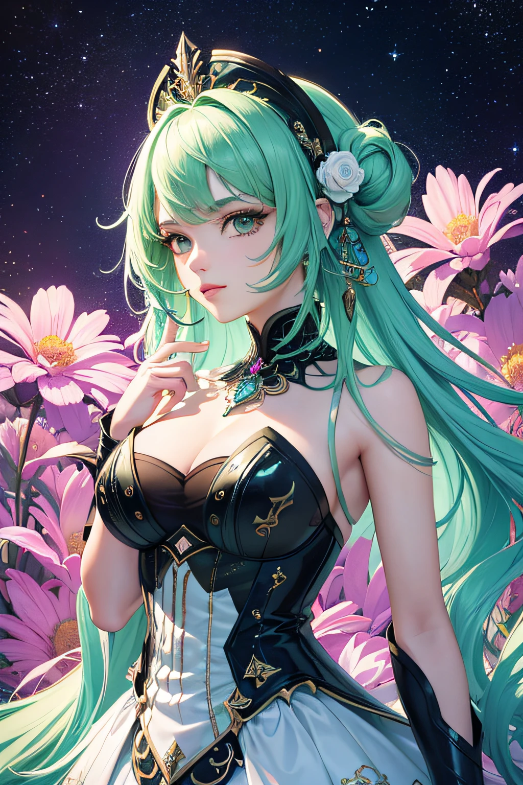 (tmasterpiece,top Quority,best qualtiy,offcial art,Beauty and aesthetics:1.5),Super beautiful girl,Extremely detailed,(s fractal art:1.5),Extremely colorful,The most detailed particle effects section 8k perfect face,Upper body Modern digital painting Ultra high resolution Large white flowers in hair Super 3D rendering Colorful and green