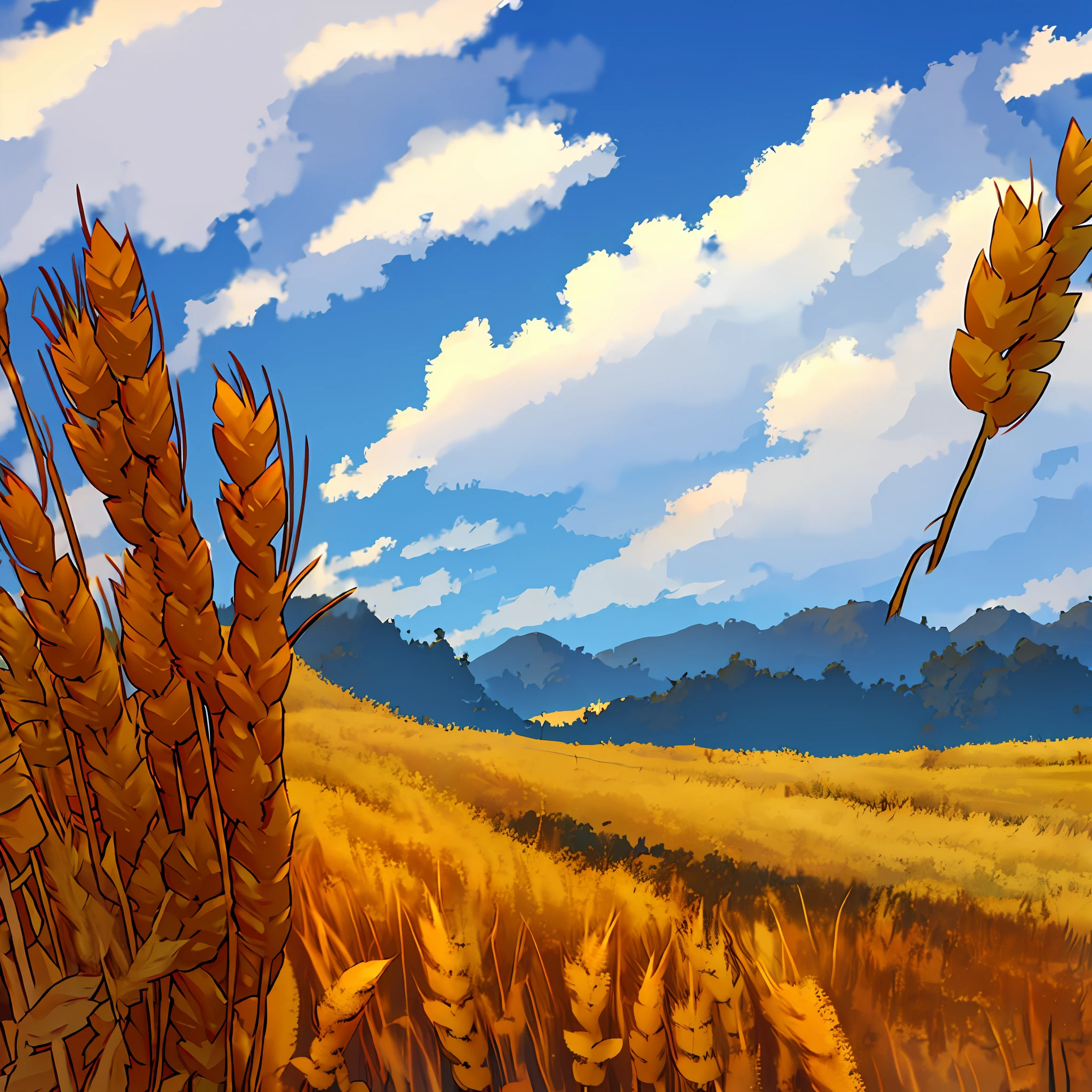 Several farmers cut wheat,The background is the white clouds of distant mountains