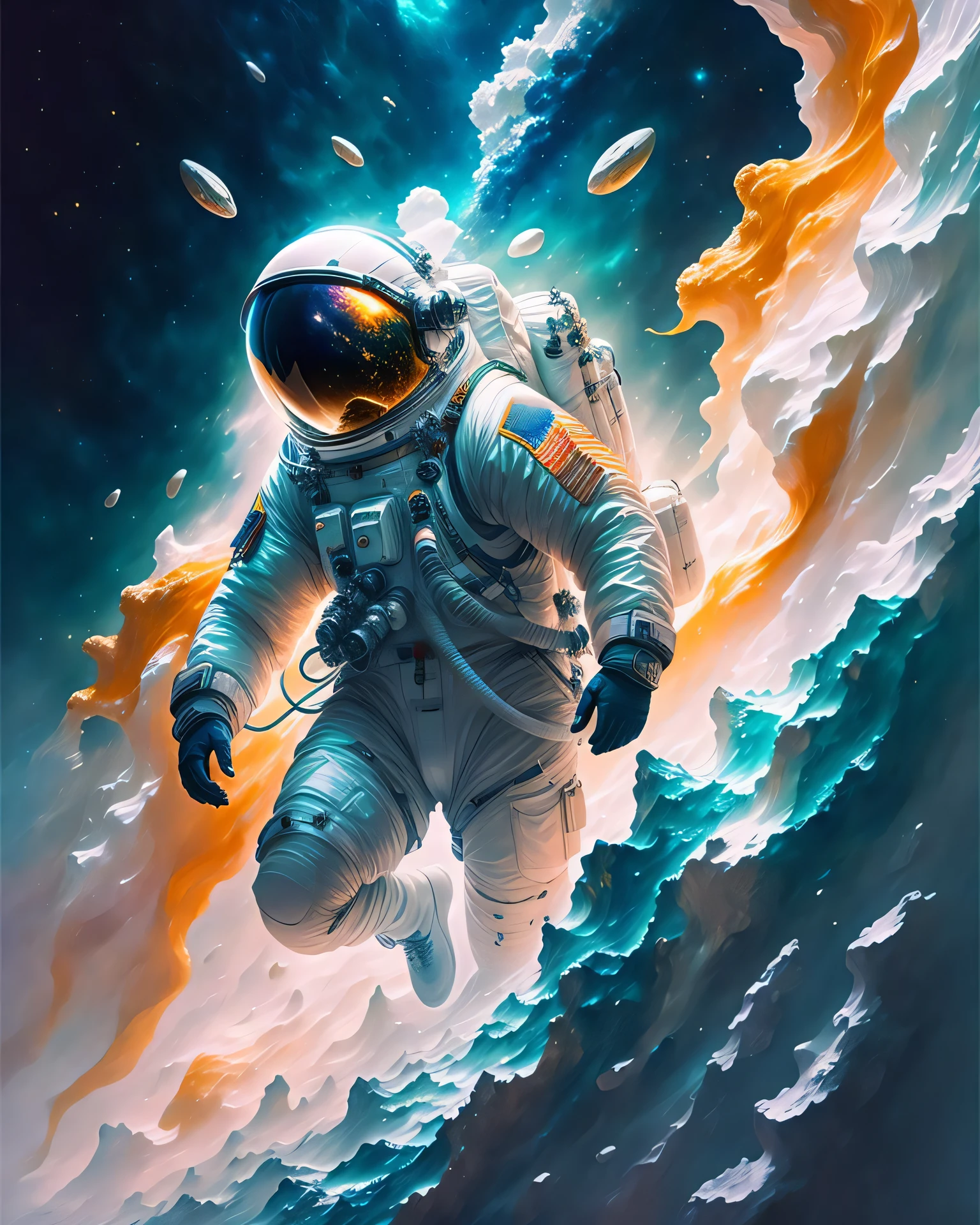 astronaut, climbing the asteroid, character render, ultra high quality model, ethereal background, abstract beauty, explosive volumetric, oil painting, heavy strokes, paint dripping