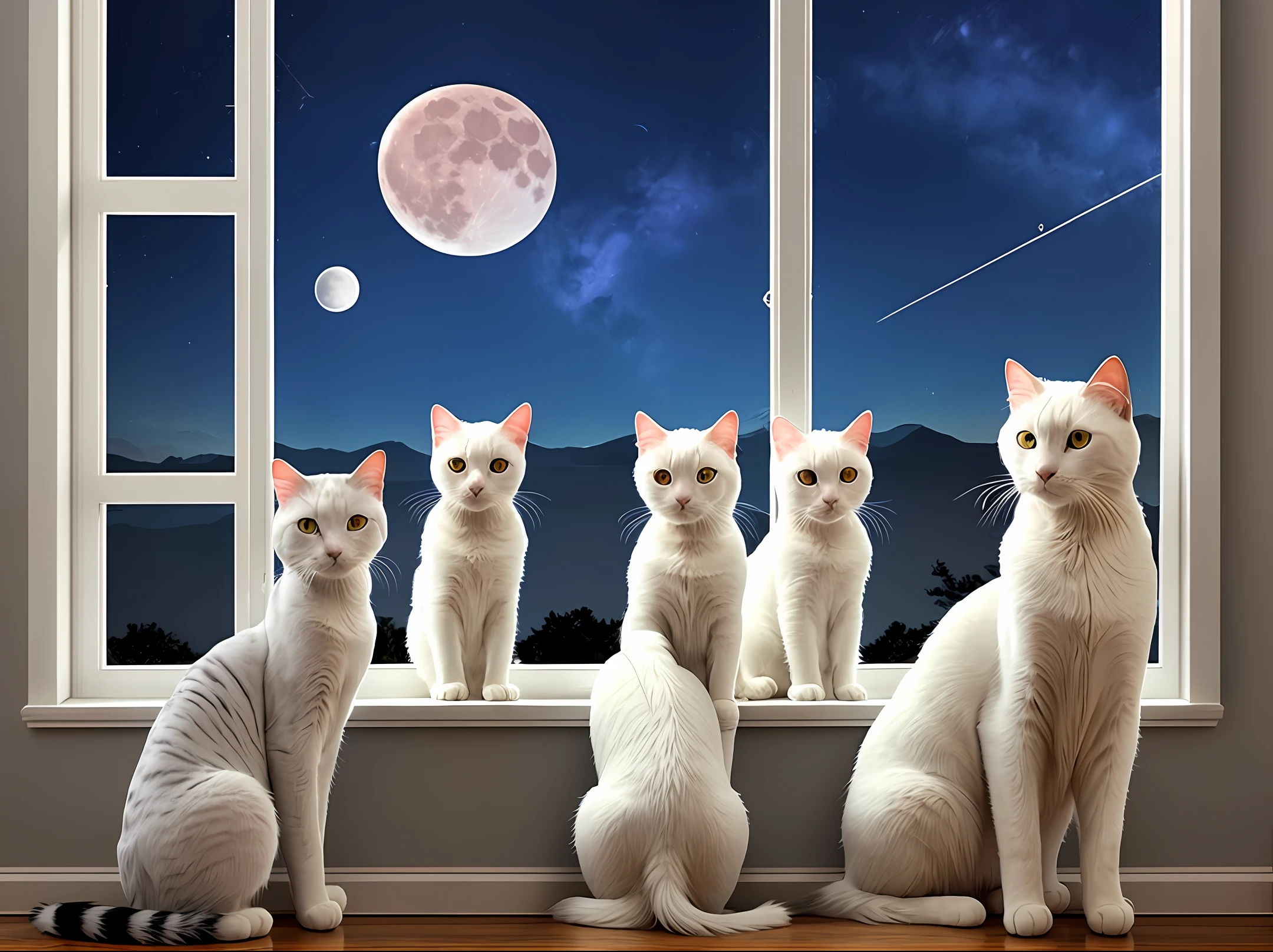 White cats and black cats,Sit in front of the window and watch the moon,alien spaceship,meteor shower