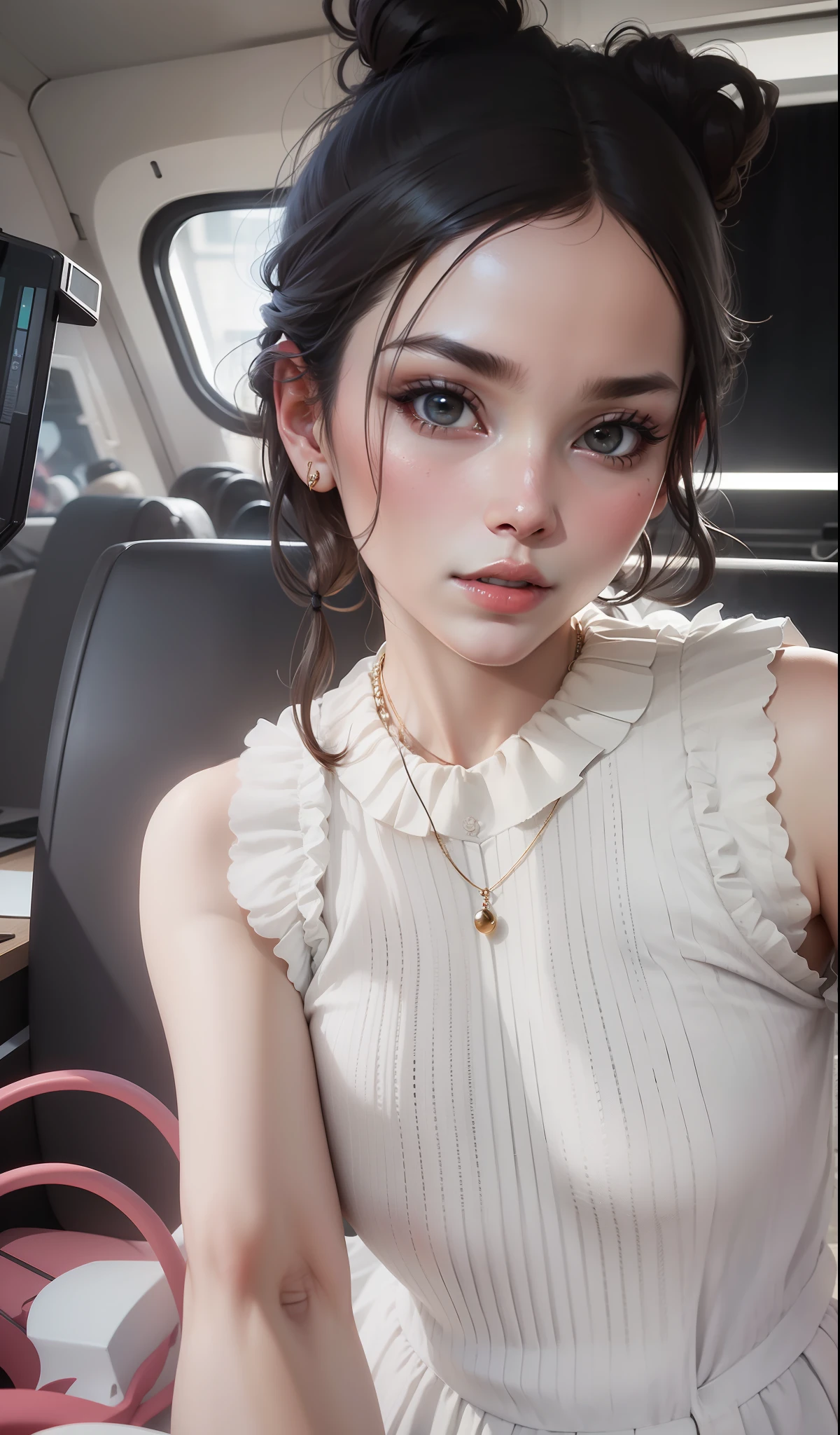 Best quality, masterpiece, high resolution, 1girl, porcelain dress, hair accessories, necklace, jewelry, beautiful face, on the body, Tyndall effect, realistic, dark studio, edge lighting, two-tone lighting, (high detail skin: 1.2), 8k UHD, dslr, soft light, high quality, volumetric light, candid, photo, high resolution, 4k, 8k, background blur,