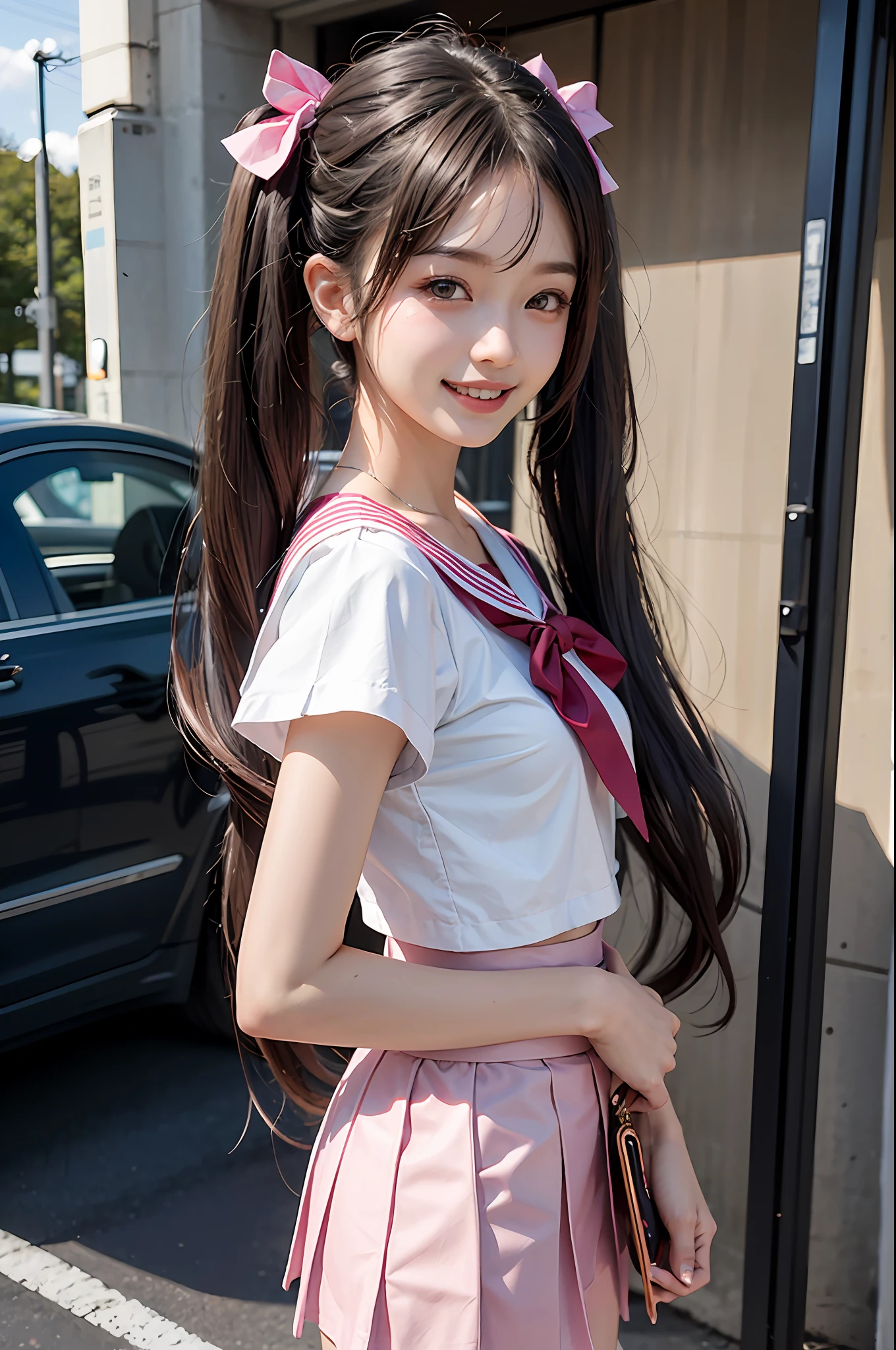 1girll,twintails,Colorful hair,black forest,Road,White sailor suit and short skirt,pink bows,16-year-old female model,Smile