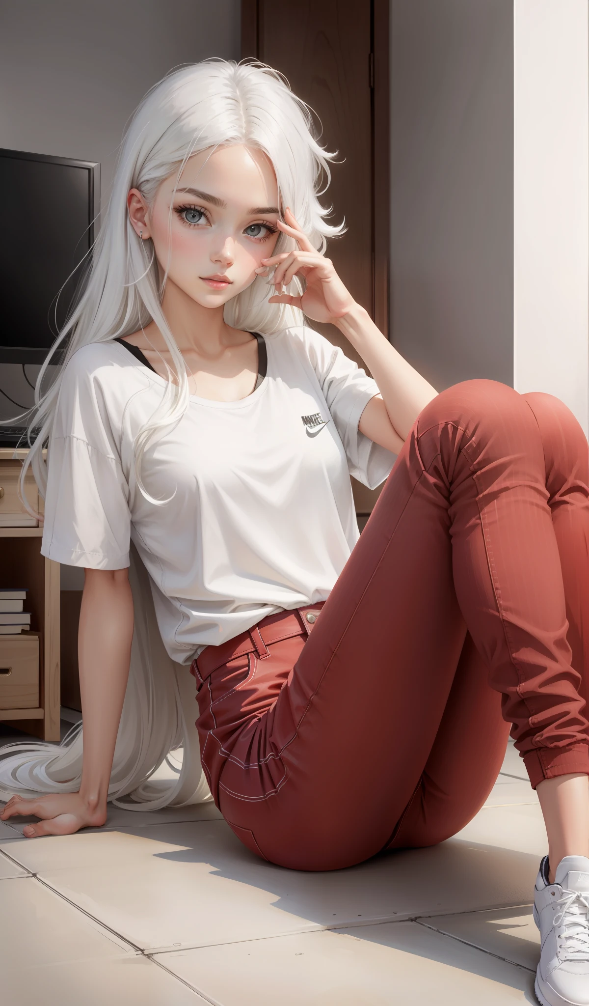 a woman in a white shirt and red pants is playing video game, simple style, wearing elegant casual clothes, muted red, simple clothes, milk and red style, casual clothing style, modern fashion outfit, wearing a fisher , casual modern clothing, inspo, red clothes, red pants, neutral tones, rred and white color scheme, casual business outfit, cute face, nike shoes, 17 years old, long hair, ((white hair)) gleaming bright grey eyes