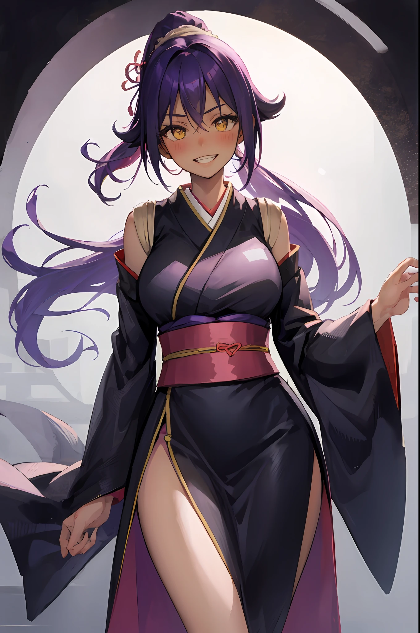 Yoruichi shihouin, dark skin, 1girl, solo, kimono, , breasts, cleveage, hair between eyes, large breasts, long hair, looking at viewer, purple hair, pony tail, solo, thighs, long hair, ((masterpiece)), , soul society,sinigami dress, kimono, standing, , blush, shy, smile, show teeth, detailed hand, beautifull finger,