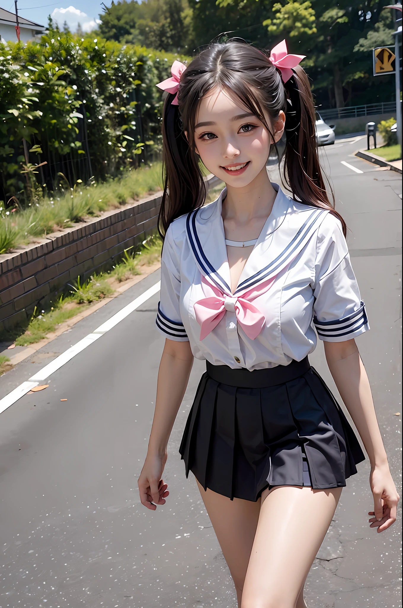 1girll,twintails,Colorful hair,black forest,Road,White sailor suit and short skirt,pink bows,-yeld fee model,Smile