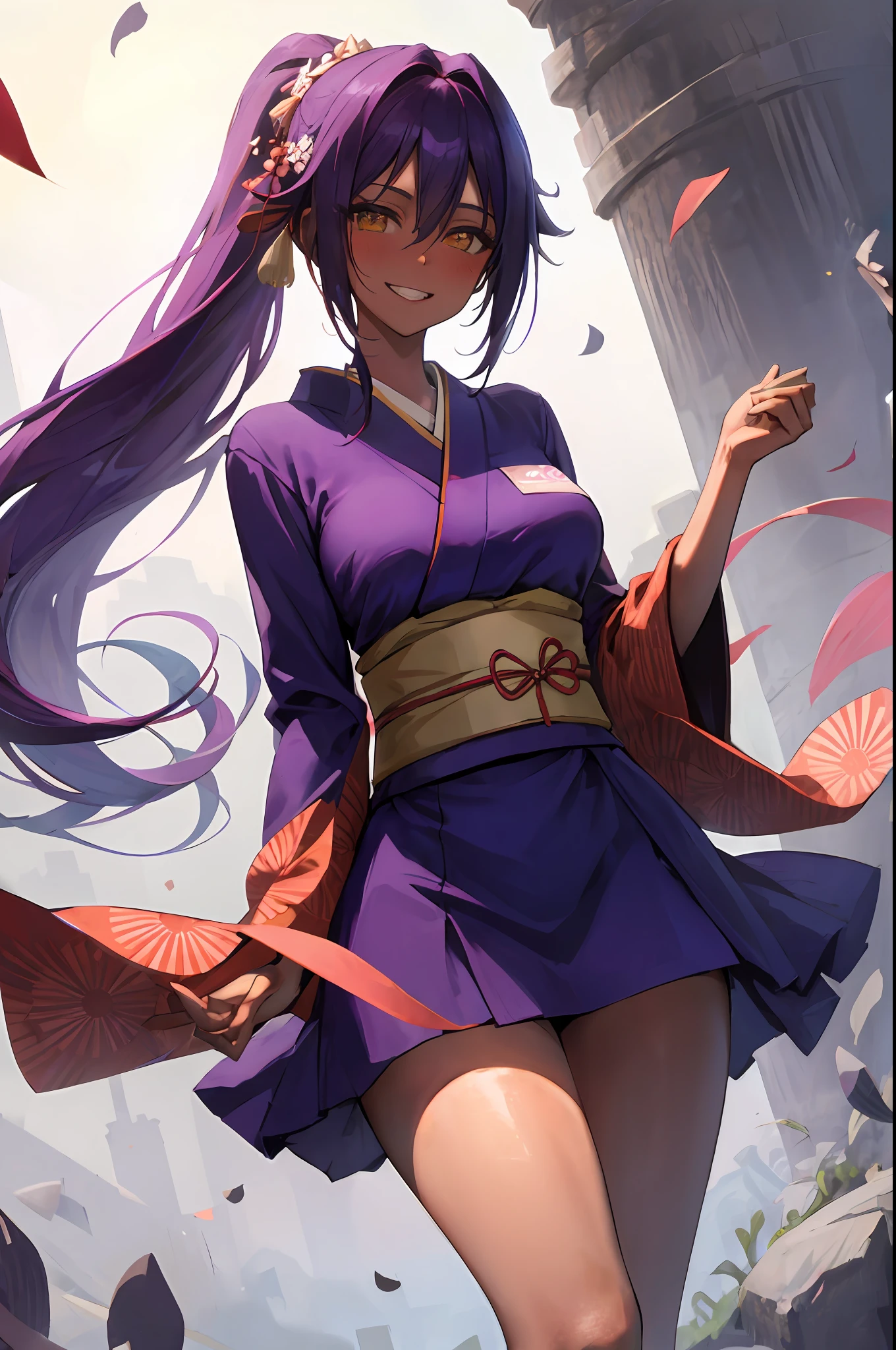 Yoruichi shihouin, dark skin, 1girl, solo, kimono, ,  breasts, cleveage,  hair between eyes, large breasts, long hair, looking at viewer, purple hair, pony tail, solo, thighs, long hair, ((masterpiece)), , soul society,sinigami dress, kimono, standing, , blush, shy, smile, show teeth, detailed hand, beautifull finger,