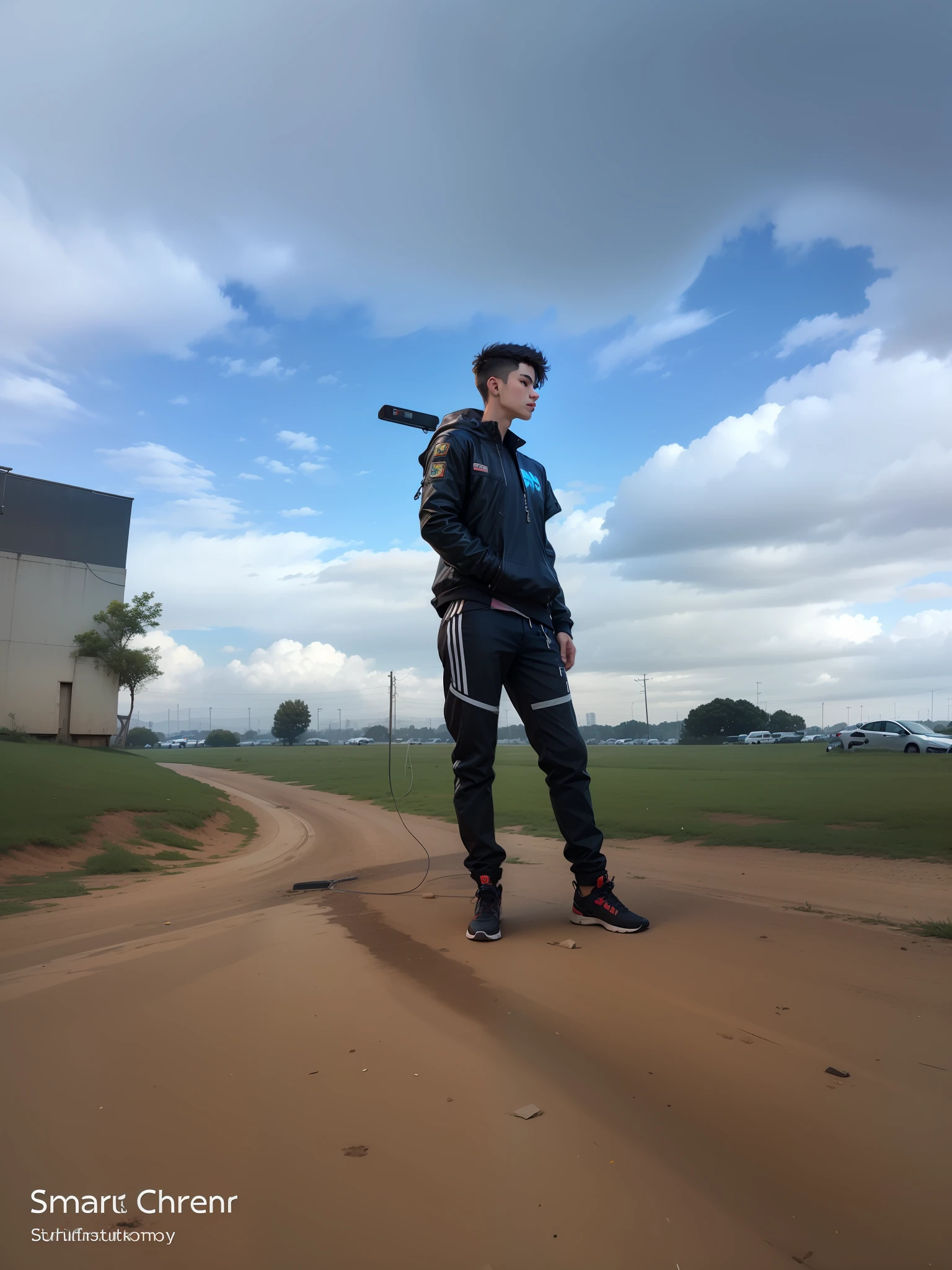 Background change cyberpunk smart boy with brand car ultra modem realistic face
