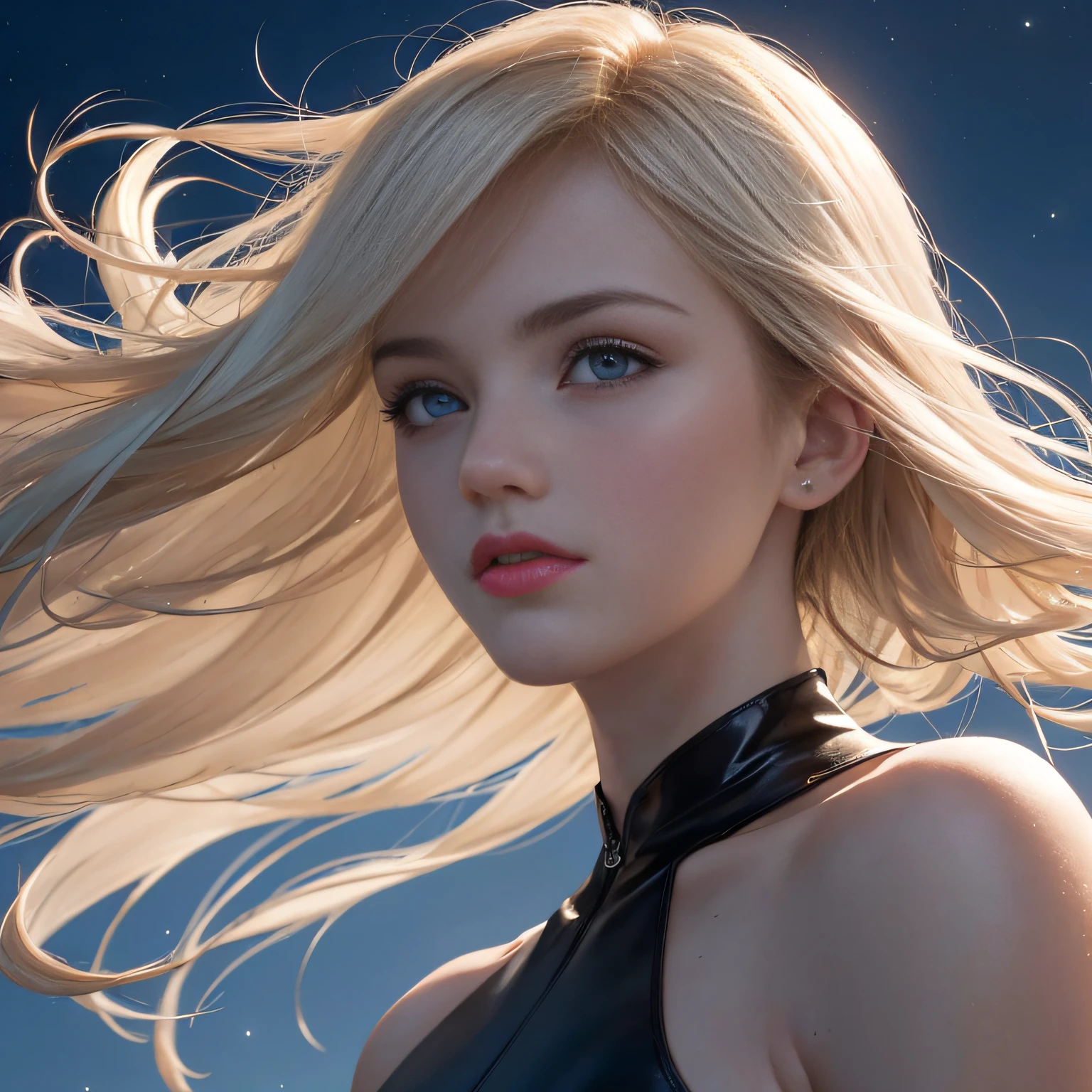 (8K, RAW Photos, of the highest quality, Masterpieces: 1.2), (Realistic, Photorealistic: 1.37), Highest Quality, Ultra High Resolution, light  leaks, Dynamic lighting, Slim and smooth skin, (Full body:1.3), (Soft Saturation: 1.6), (Fair skin: 1.2), (Glossy skin: 1.1), Oiled skin, 22 years old, Night, shiny white blonde, Well-formed, Hair fluttering in the wind, Close-up shot of face only, Physically Based Rendering, From multiple angles