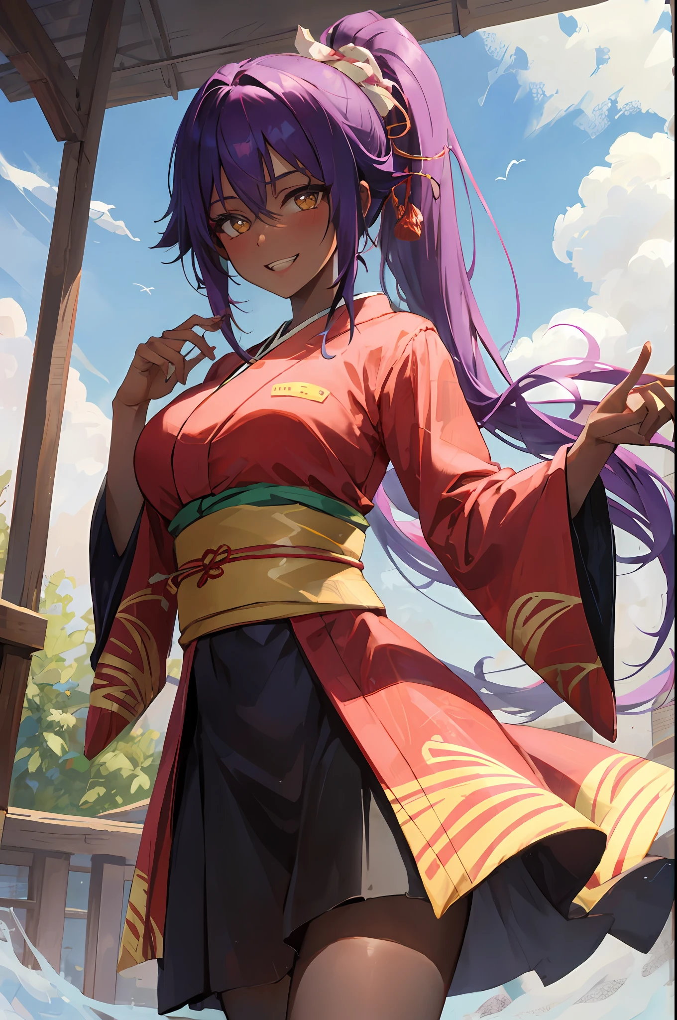 Yoruichi shihouin, dark skin, 1girl, solo, kimono, , breasts, cleveage, hair between eyes, large breasts, long hair, looking at viewer, purple hair, pony tail, solo, thighs, long hair, ((masterpiece)), , soul society,sinigami dress, kimono, standing, , blush, shy, smile, show teeth, detailed hand, beautifull finger,