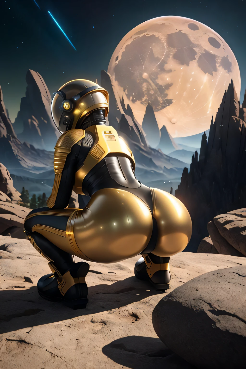 Highly detailed RAW color Photo,Rear Angle, Full Body, female space ninja, wearing tight full body latex suit with golden luminescent accents and a futuristic space helmet, bending over a rock, outdoor looking up at the moon, athletic body, big ass, (mountains:1.1), (sci-fi), 50mm wide angle lens, cinematic lighting, raytracing, alien landscape with giant structures, (highly detailed, hyperdetailed, intricate), cinematic scene like the film prometheus from the aliens franchise