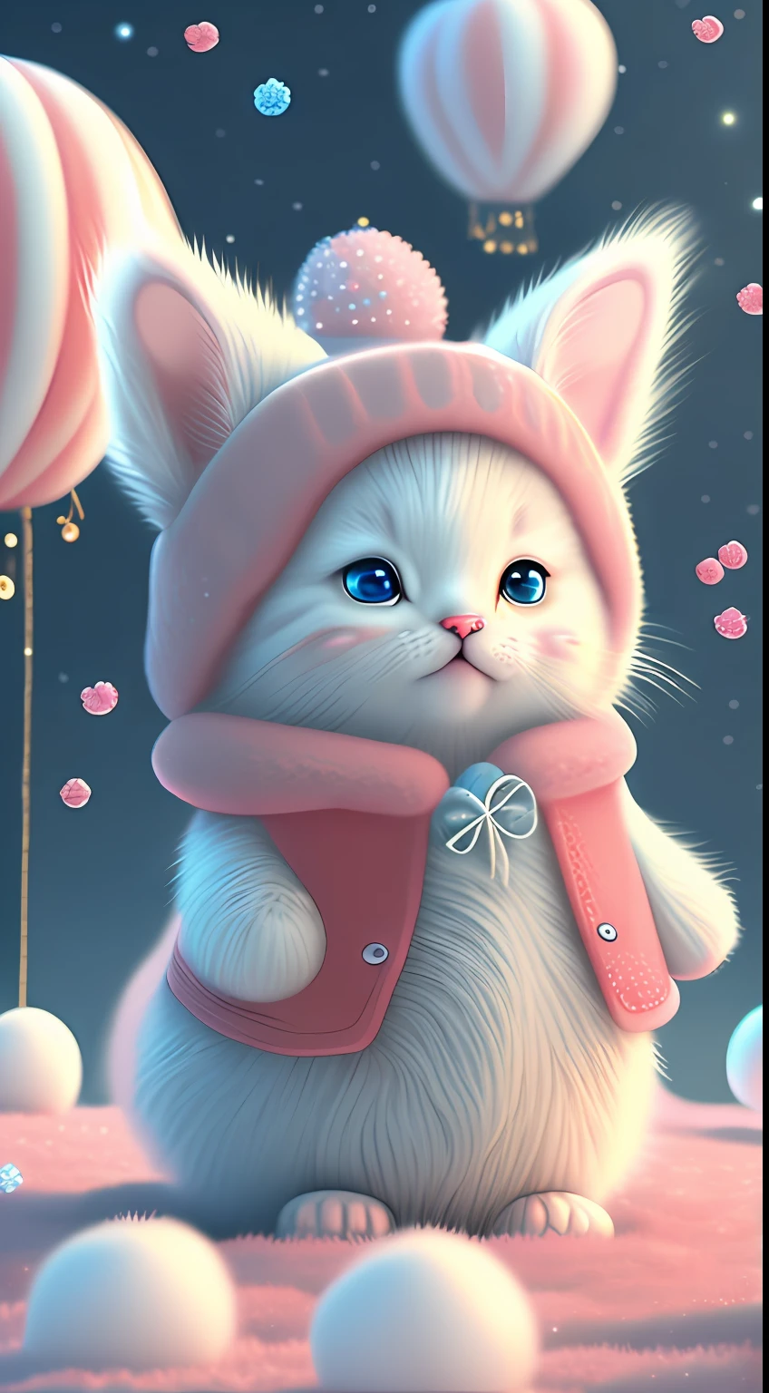 In this ultra-detailed CG art，Cute kittens surrounded by ethereal balloons，laughingly，blingbling，red colour，Best quality at best，A high resolution，Complicated details，fanciful，cute animal，Funny，Open-mouthed！！！，laughingly！！