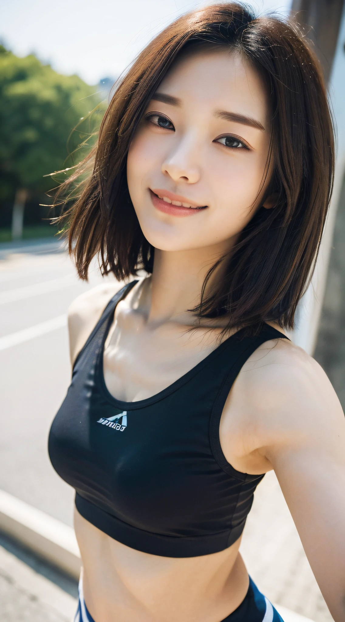 ((Top Quality, 8k, Masterpiece: 1.3)), Sharp Focus: 1.2, Perfect Body Shape Pretty Woman: 1.4, Slender Abs: 1.2, (Layered Haircut, Big: 1.8), (Sports Bra: 2.0), (Jogging: 1.8), (Street: 1.2), Highly Detailed Face and Skin Texture, Detailed Eyes, Double Eyelids, Smile, Bokeh,