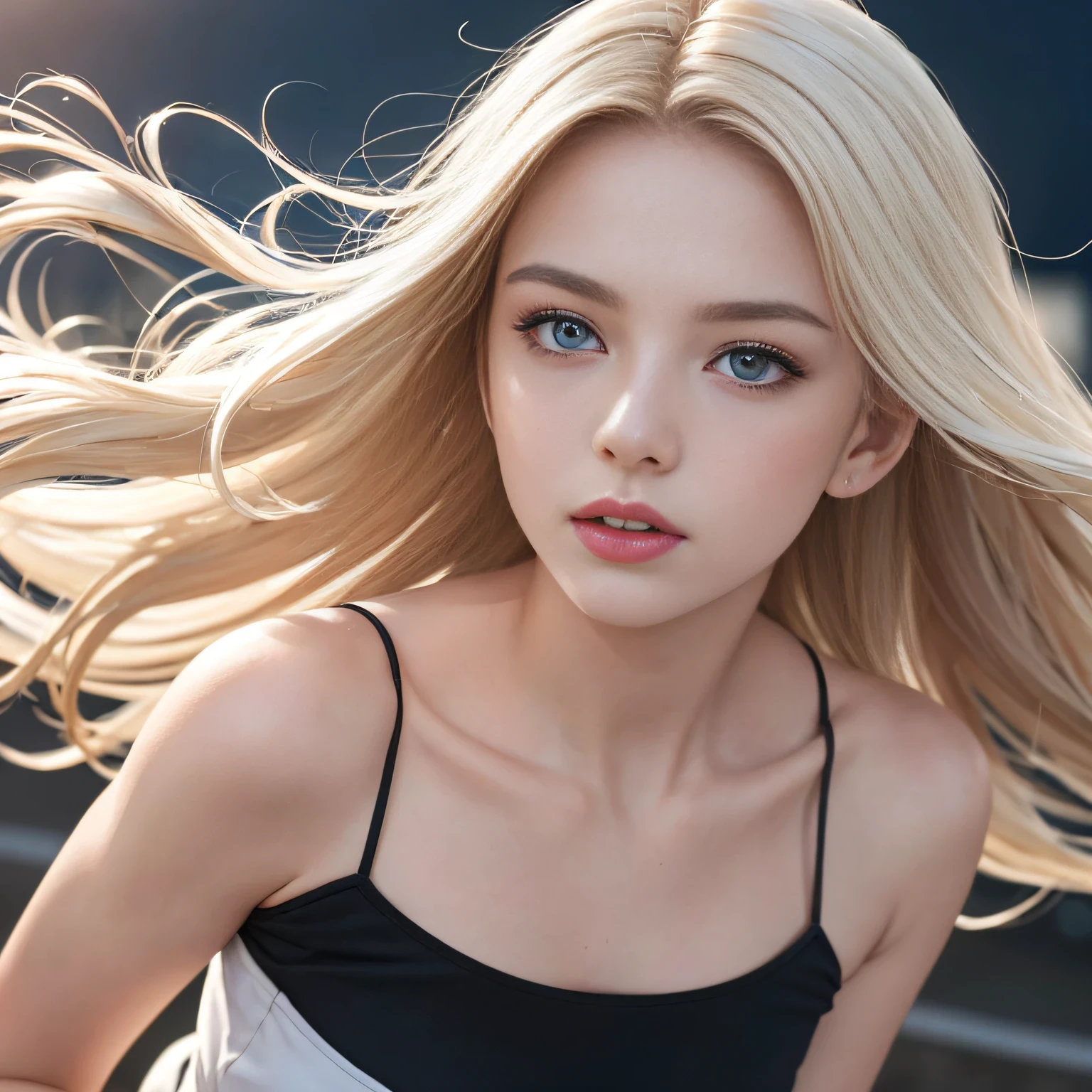 (8K, RAW Photos, of the highest quality, Masterpieces: 1.2), (Realistic, Photorealistic: 1.37), Highest Quality, Ultra High Resolution, light  leaks, Dynamic lighting, Slim and smooth skin, (Full body:1.3), (Soft Saturation: 1.6), (Fair skin: 1.2), (Glossy skin: 1.1), Oiled skin, 22 years old, Night, shiny white blonde, Well-formed, Hair fluttering in the wind, Close-up shot of face only, Physically Based Rendering, From multiple angles