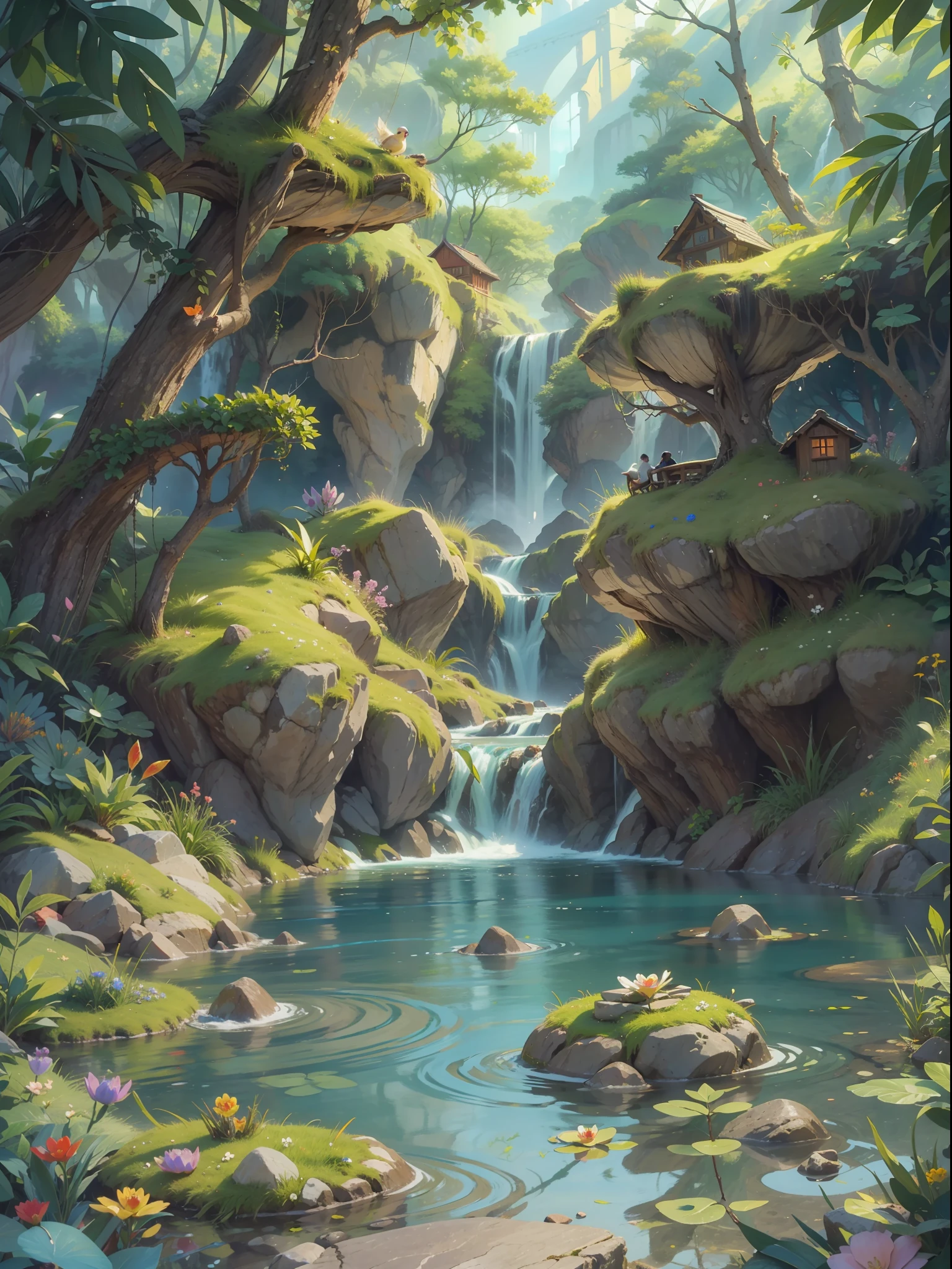 A beautiful enchanted lake, with crystal clear waters, with flowers and stones around, a beautiful waterfall in the background, children's book illustration style