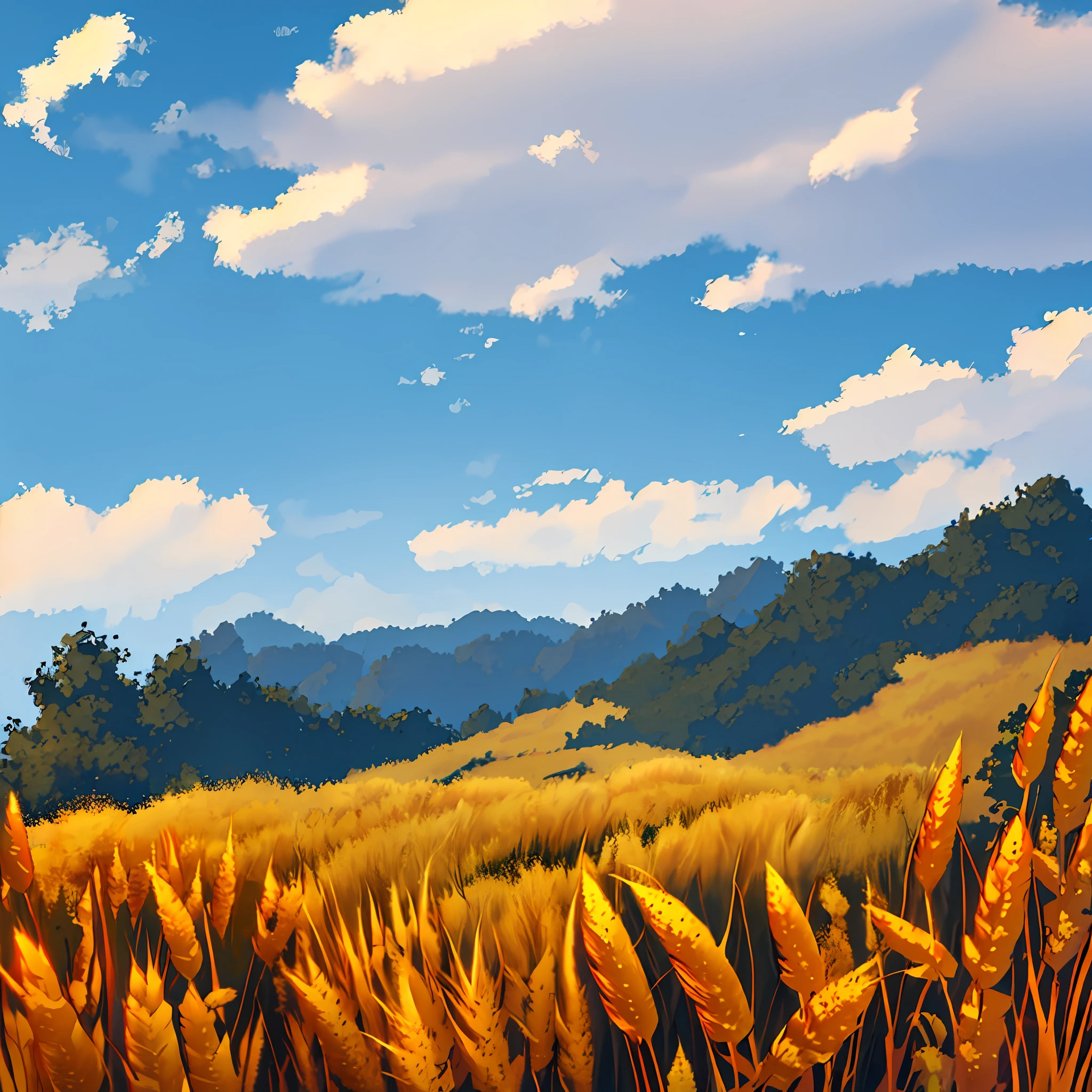 Several farmers cut wheat,The background is the white clouds of distant mountains