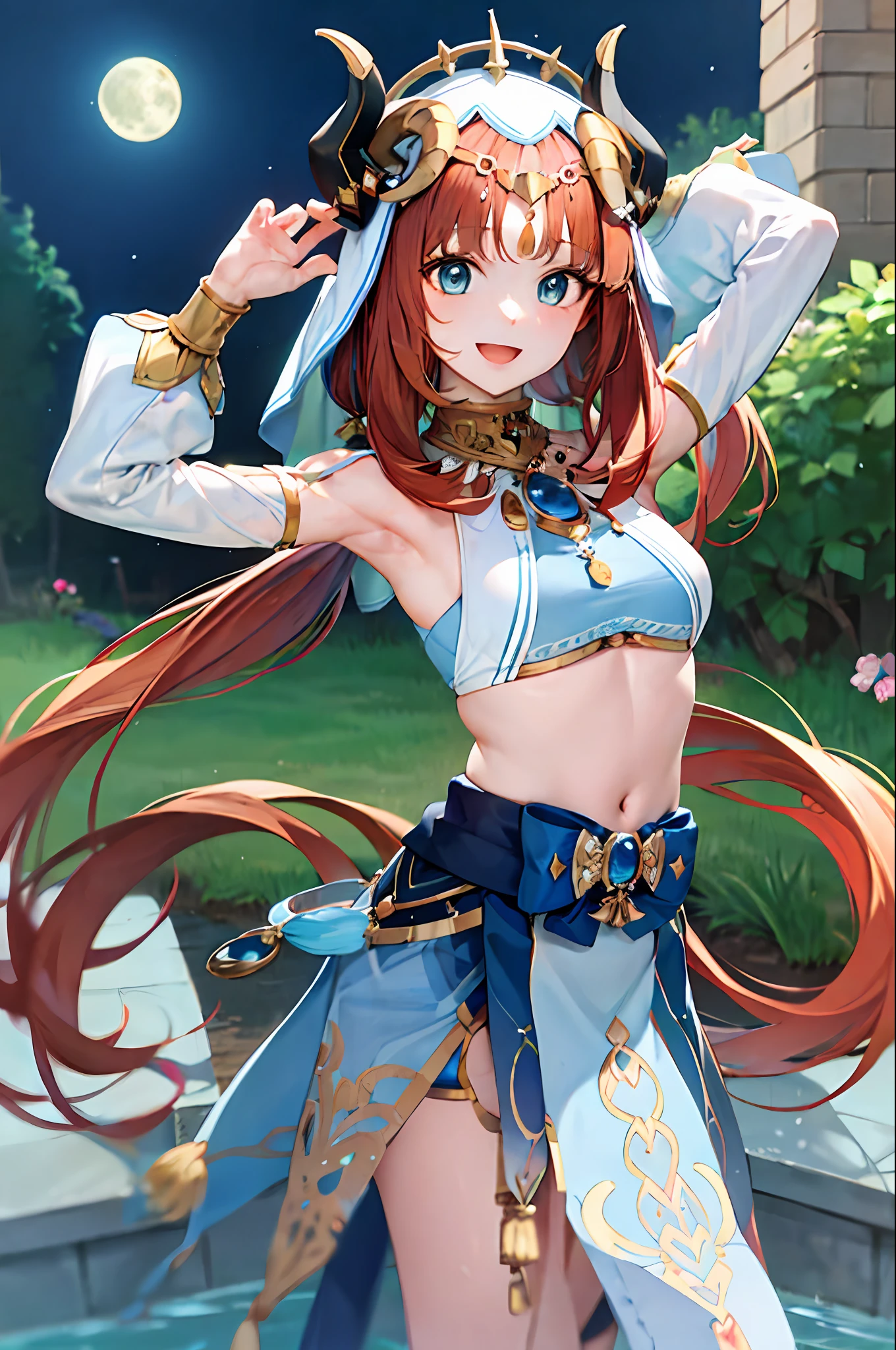 (Realistic painting style:1.1), masterpiece, best quality, absurdres, nilou (neither flower nor mist) (genshin impact), aqua eyes, nilou (genshin impact), fake horns, 1girl, solo, red hair, veil, smile, moon, long hair, crop top, jewelry, horns, night, bracer, brooch, long sleeves, puffy long sleeves, looking at viewer, skirt, bangs, twintails, water, puffy sleeves, sky, neck ring, open mouth, :d, full moon, night sky, flower, harem outfit, gold trim, parted bangs, arm up, breasts, circlet, outdoors, blue skirt, hair ornament, detached sleeves, low twintails, floating hair, gem, hair flower, blue gemstone, hand up, dancer, white headwear, small breasts, stomach, midriff, cowboy shot, blue bow, very long hair