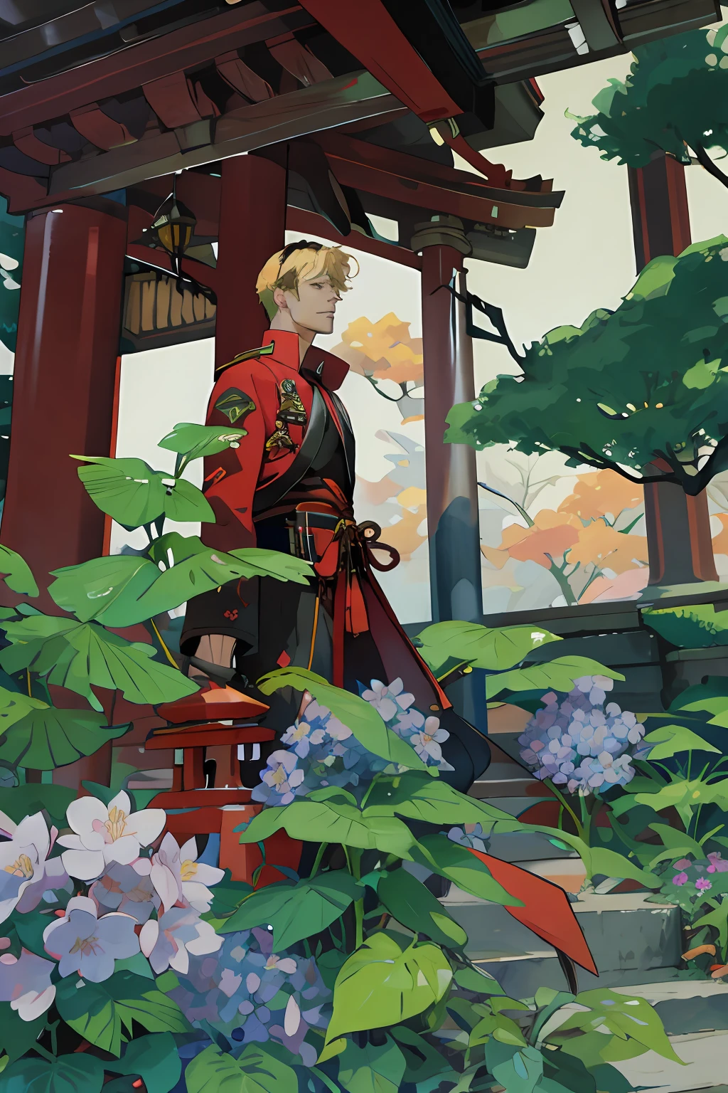 extremely delicate and beautiful, Amazing, finely detail, masterpiece, ultra-detailed, highres,best illustration, best shadow,intricate,sharp focus,  high quality, 1 male solo, mature, handsome, tall muscular guy, broad shoulders, blond hair, red and black jacket, black hairband, old japanese city, sakura trees, red torii gates, stairs, blue flowers