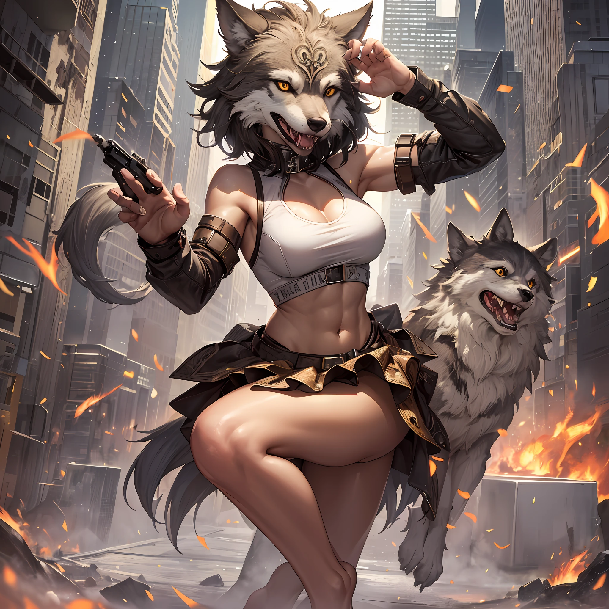 ((high quality)), ((masterpiece)), 8k, 1 girl, brown skin, yellow eyes, bright smile, extremely detailed CG unity 8k wallpaper, sharp teeth, looking at viewer, tennis skirt, barefoot , full body, power surrounds, healthy physique, wolf-cut hair, post-apocalypse, heart shaped hand