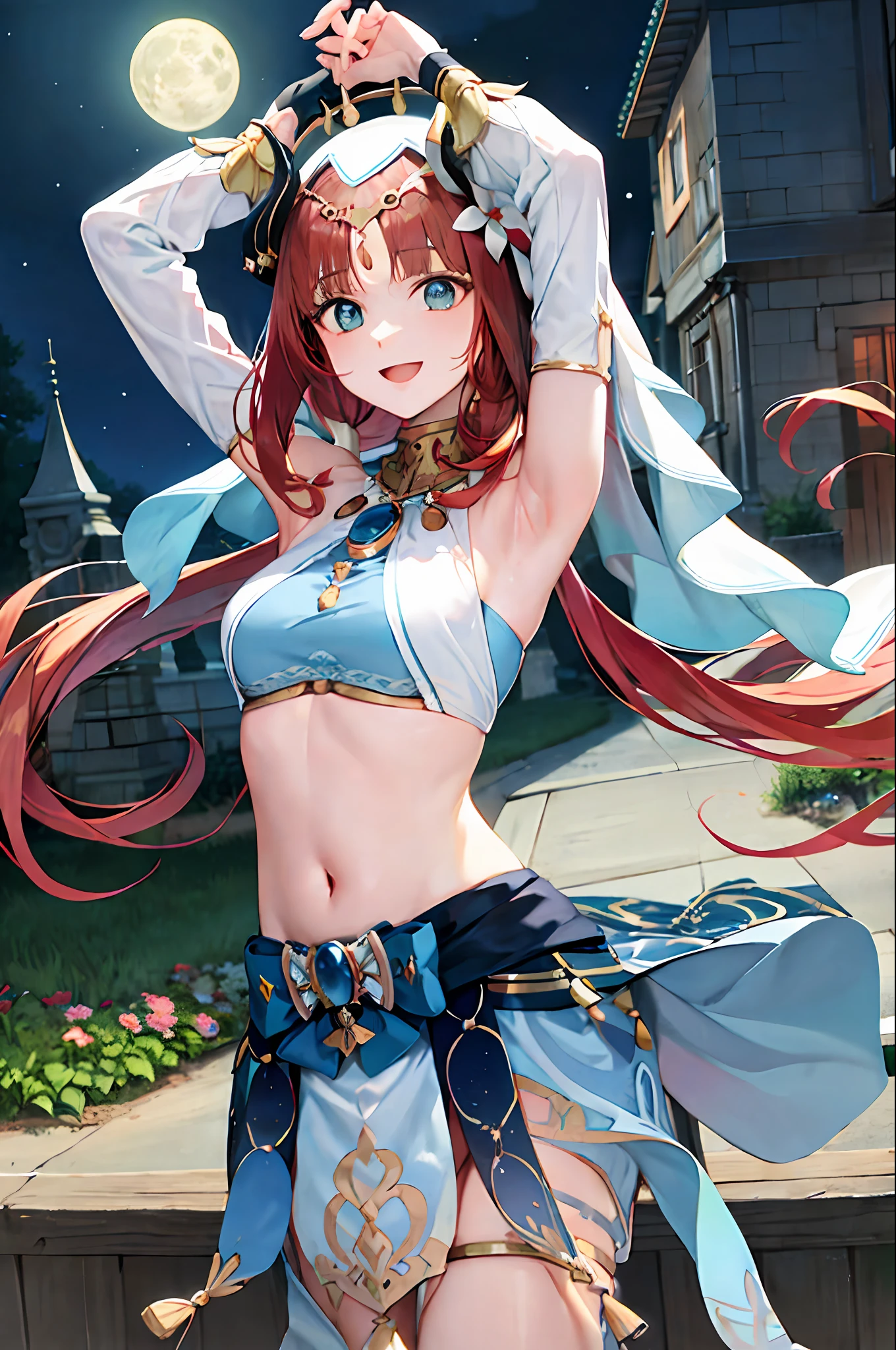 (Realistic painting style:1.1), masterpiece, best quality, absurdres, nilou (neither flower nor mist) (genshin impact), aqua eyes, nilou (genshin impact), fake horns, 1girl, solo, red hair, veil, smile, moon, long hair, crop top, jewelry, horns, night, bracer, brooch, long sleeves, puffy long sleeves, looking at viewer, skirt, bangs, twintails, water, puffy sleeves, sky, neck ring, open mouth, :d, full moon, night sky, flower, harem outfit, gold trim, parted bangs, arm up, breasts, circlet, outdoors, blue skirt, hair ornament, detached sleeves, low twintails, floating hair, gem, hair flower, blue gemstone, hand up, dancer, white headwear, small breasts, stomach, midriff, cowboy shot, blue bow, very long hair