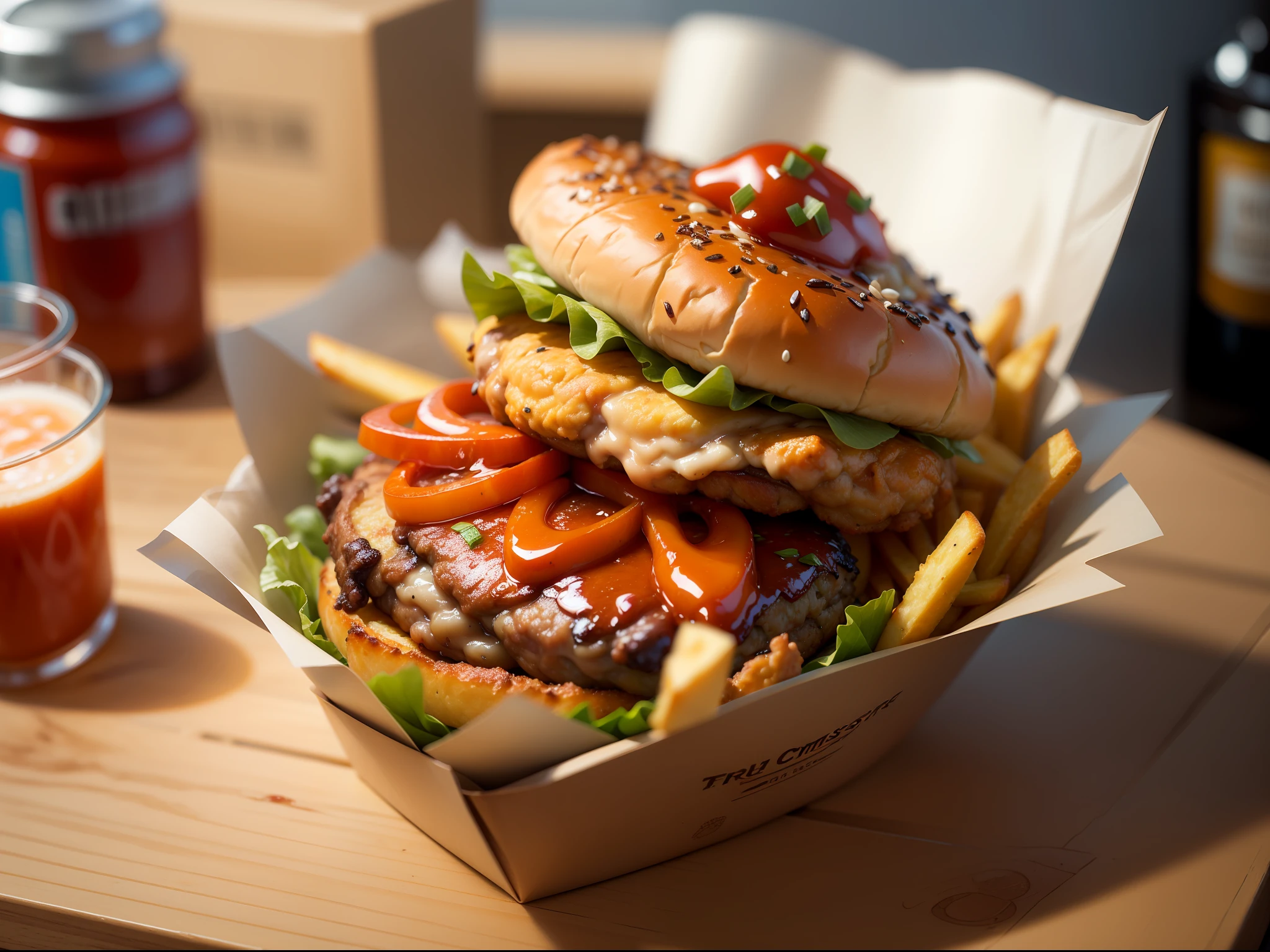 tmasterpiece,high high quality,Best quality at best,Delicious burger fries fried chicken picture,Served with ketchup