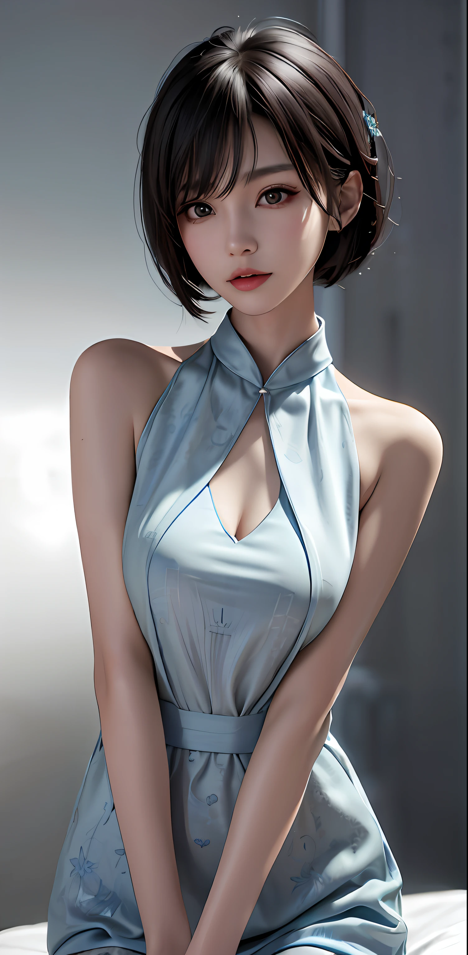 arafed asian woman in a blue dress posing for a picture, beautiful Korean women, Korean woman, by Russell Dongjun Lu, korean women's fashion model, Open V chest clothes, Gorgeous young Korean woman, Korean girl, gorgeous chinese models, smooth 3d cg render, photo of slim girl model, author:yanjun cheng, trending on cgstation