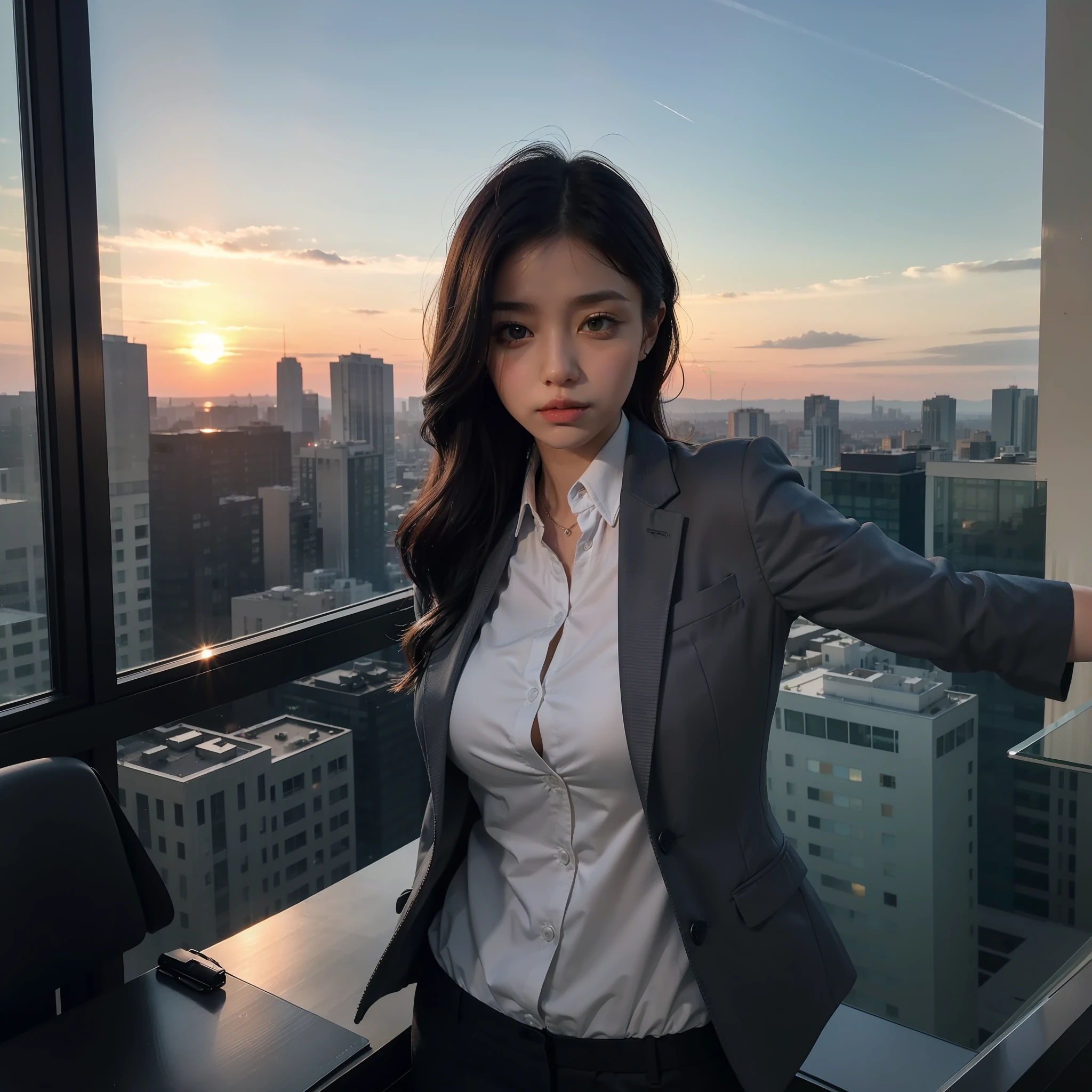 1girll,Solo, parted lip,  Office Lady, Business suit ,
skylines, Cloud,Sunset, arms behind  head, view the viewer,