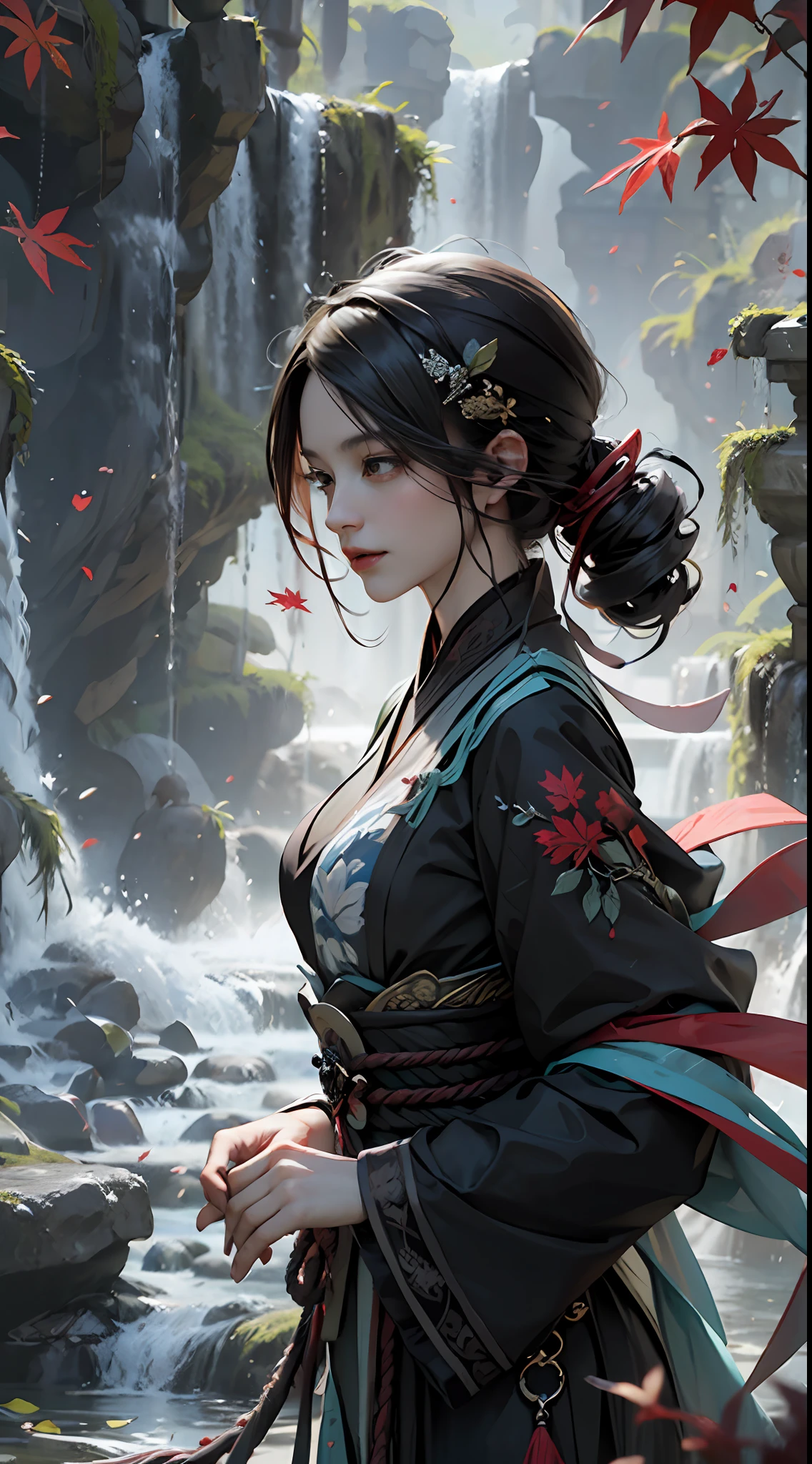 offcial art，Unity 8k壁纸，ultra - detailed，aestheticly pleasing，big breasts beautiful，tmasterpiece，best qualtiy， mistic， romanticism lain， An air of terror， Literary， Artistically， Fashionab， Tang Dynasty era， decor， iintricate， Embroidery，（Purple Hanfu 1.5），Black tulle coat，1girll，Black color hair，Red head rope，red hair clips，Sad，A sense of fatalism，Bust composition，Dramatic composition，电影灯光，dynamic viewing angle，full of seduction，Red maple forest，Maple leaves fall，Red maple background，The clouds are thick，Dramatic composition，（（（eventide）））