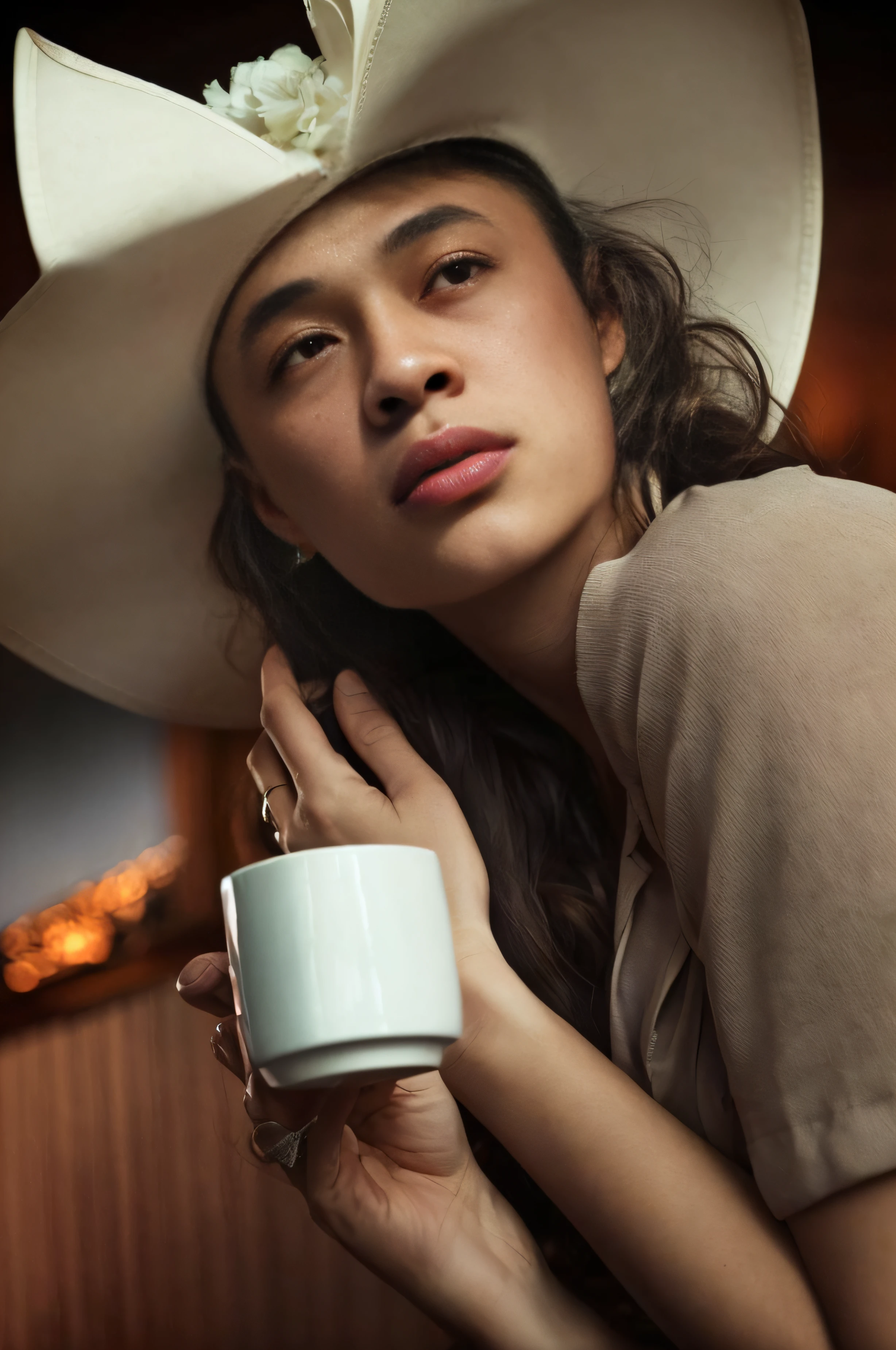 Araved woman holding a cup of coffee in a hat, portrait of morning coffee, mysterious coffee shop girl, woman drinking coffee, portrait shooting, drinking a coffee, Drinking coffee, morning coffee, drinking a cup of coffee, fashion photography portrait, fine art fashion photography, close up portrait shot, modeling photography, seductive lady, photo of a beautiful woman