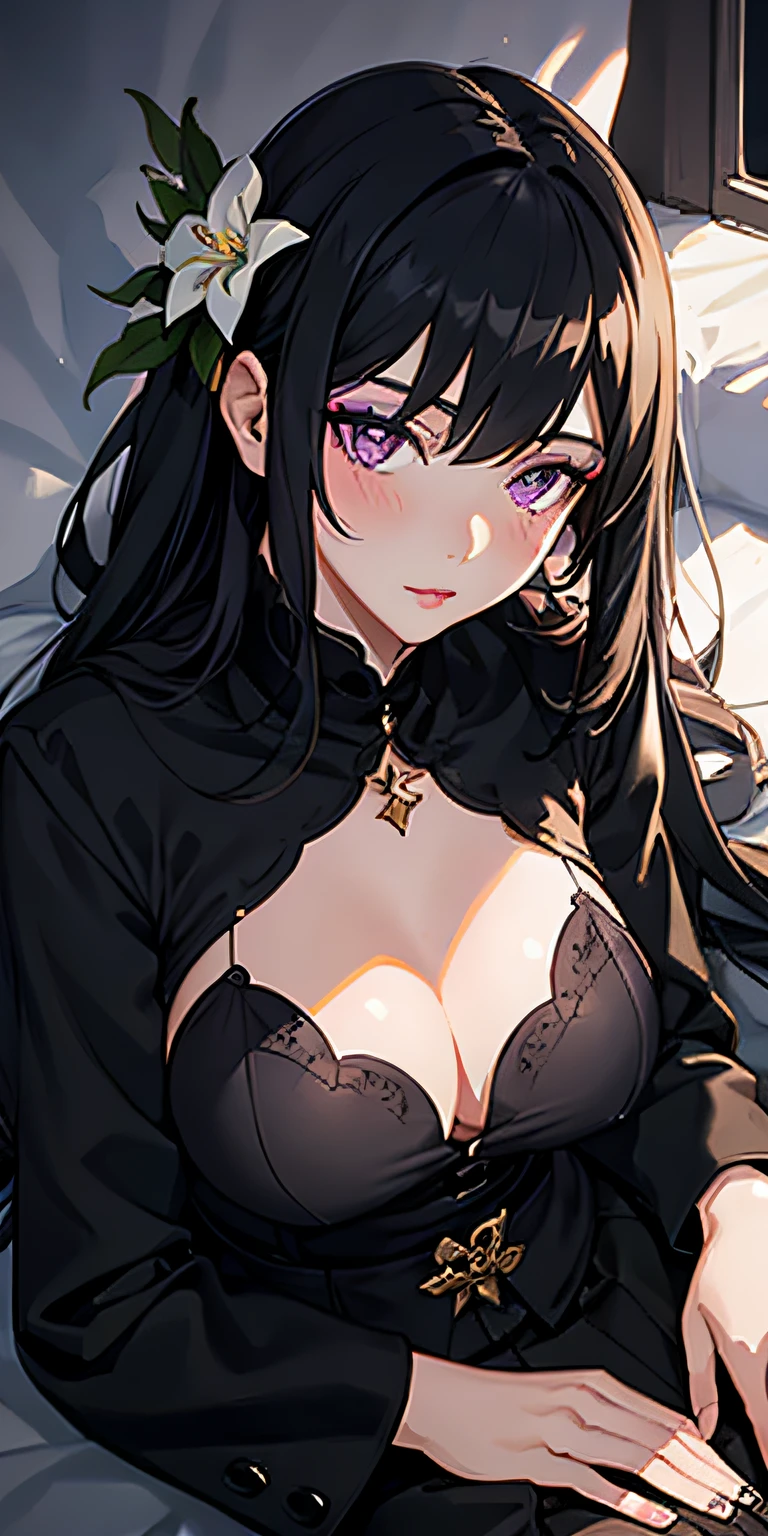 ****, Realistic, 1girll, Black hair, Purple eyes, Large breasts, Black skirt, Black jacket, grey shirt, Wear black silk thighs, Glow, Glowing eyes, Lips, Blush, Makeup, Night, Flowers, Light rays, Genshin Impact:0.6,lying down,A shy look