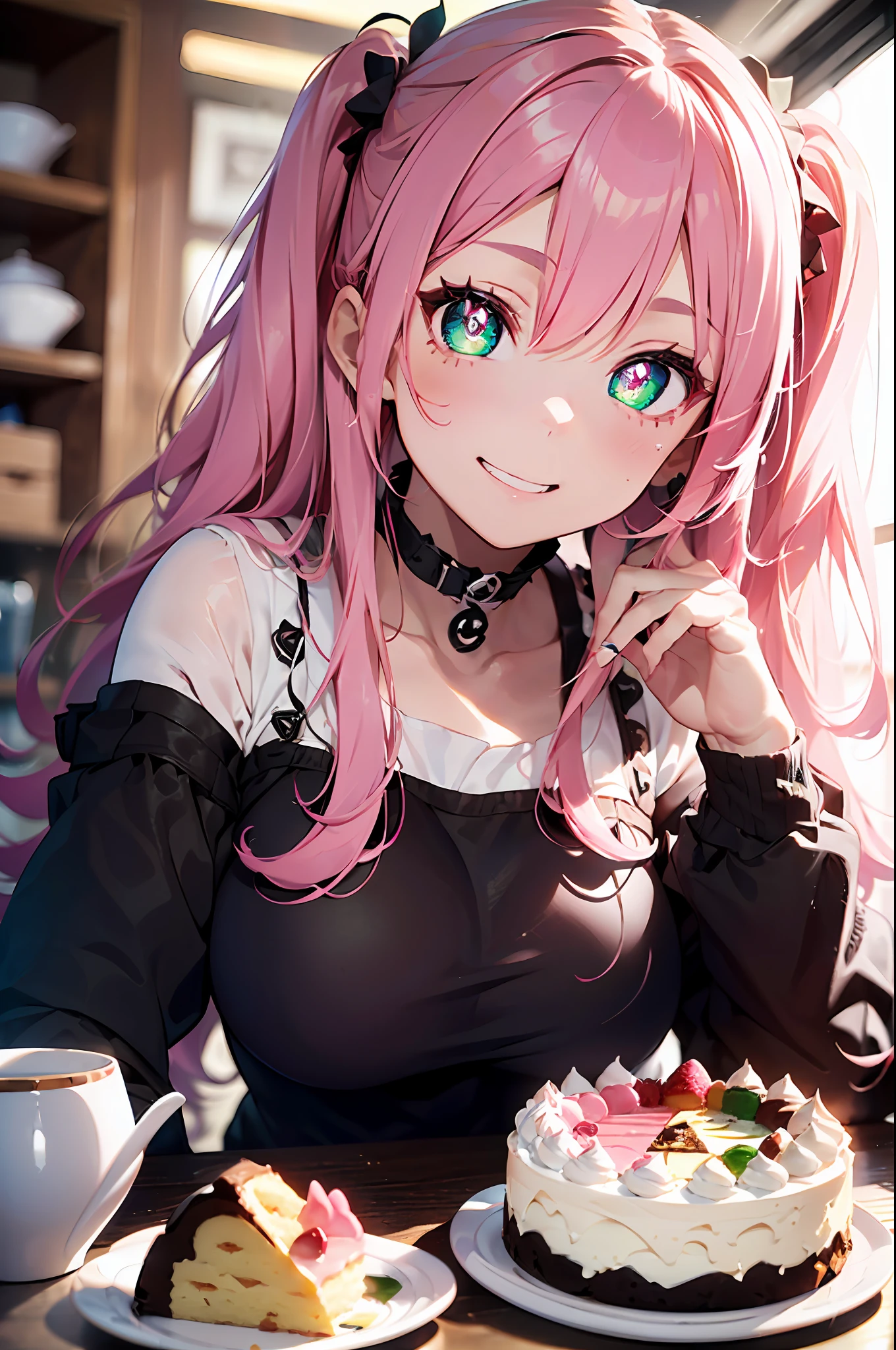 Festive cake(((masutepiece))),((ultra-detailliert,Best Quality)),((Pink hair, Long hair,Straight hair,two side up)) (Green eyes),eyeshadows, eye line,gloweyes, ultradetailed eyes, intricate eyes, Beautiful eyes, ((Glowing pink pupils))18-year-old girl.Chanel、laugh。