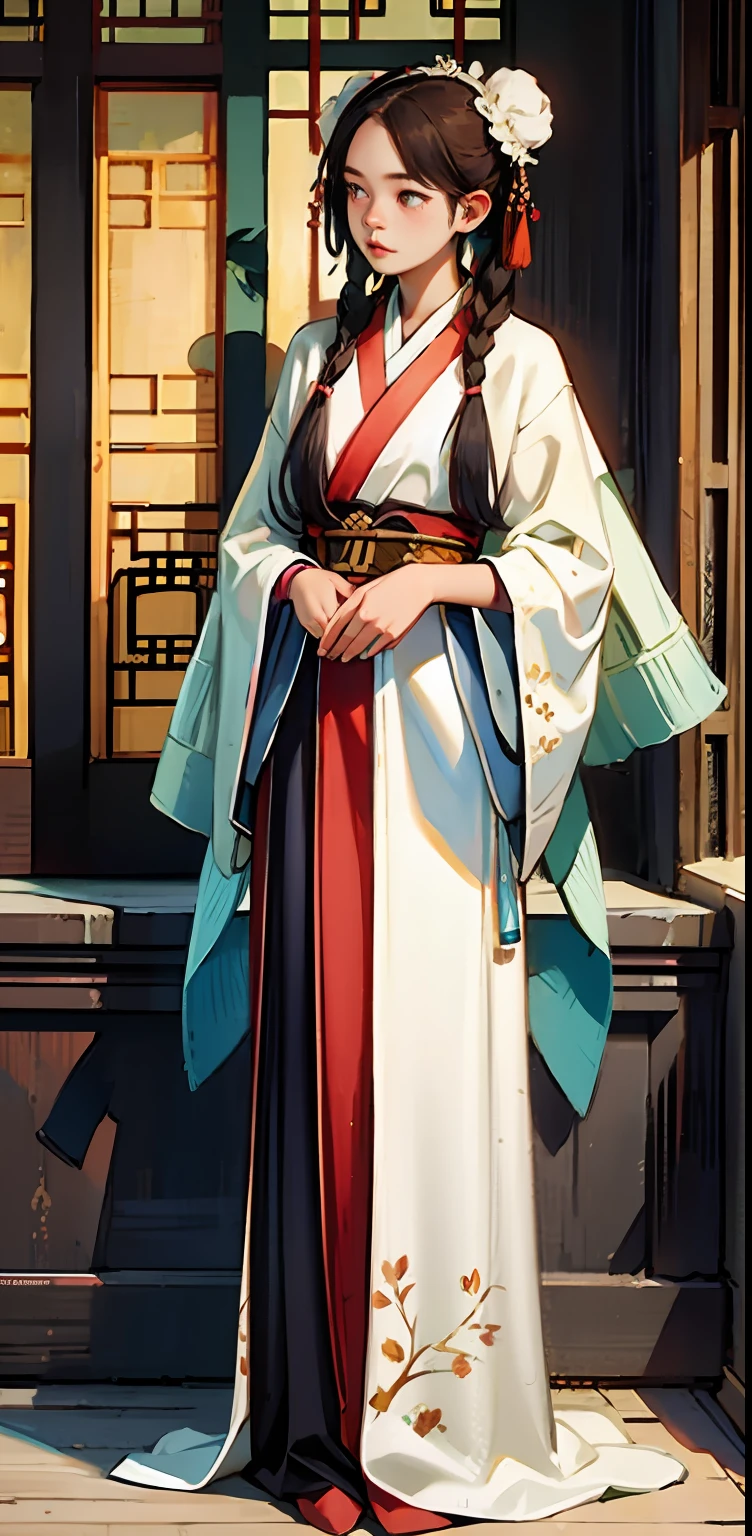 (s girl), (immortal), Asian people, (fenghuang), Mountain and Sea Sutra,long whitr hair, brunette color hair, hair-bun, Braided bun, Chinese style clothes,(Hanfu), ribbons, flower ring, shawl, pendant, obi strip, slender figures, full bodyesbian, staredown, Look directly at the viewer, Look into the distance, are standing,solid color backdrop