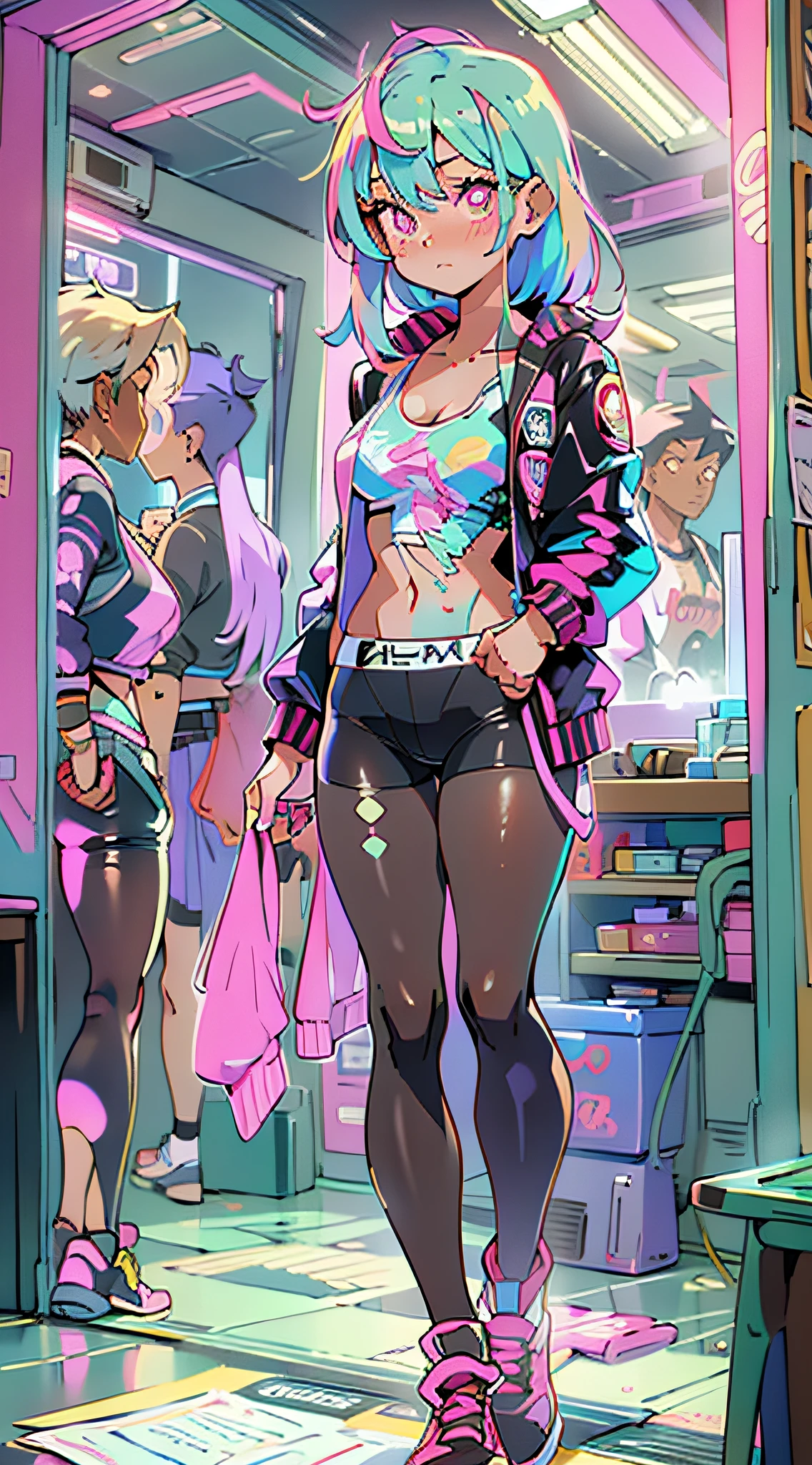 ((Masterpiece)), best quality, absurderes, ultra detailed, holographic, cowboy shot, super cute girl, mature girl, super beautiful asian girl with very beautiful violet glowing eyes, beautiful glowing white multicolored hair, nice and sexy body, slim body, perfect body, wearing super tight anime printed boxers, an anime printed super tight shirt, super aesthetic pink jacket, looking to a glowing mirror, seeing a different version of her from other universe