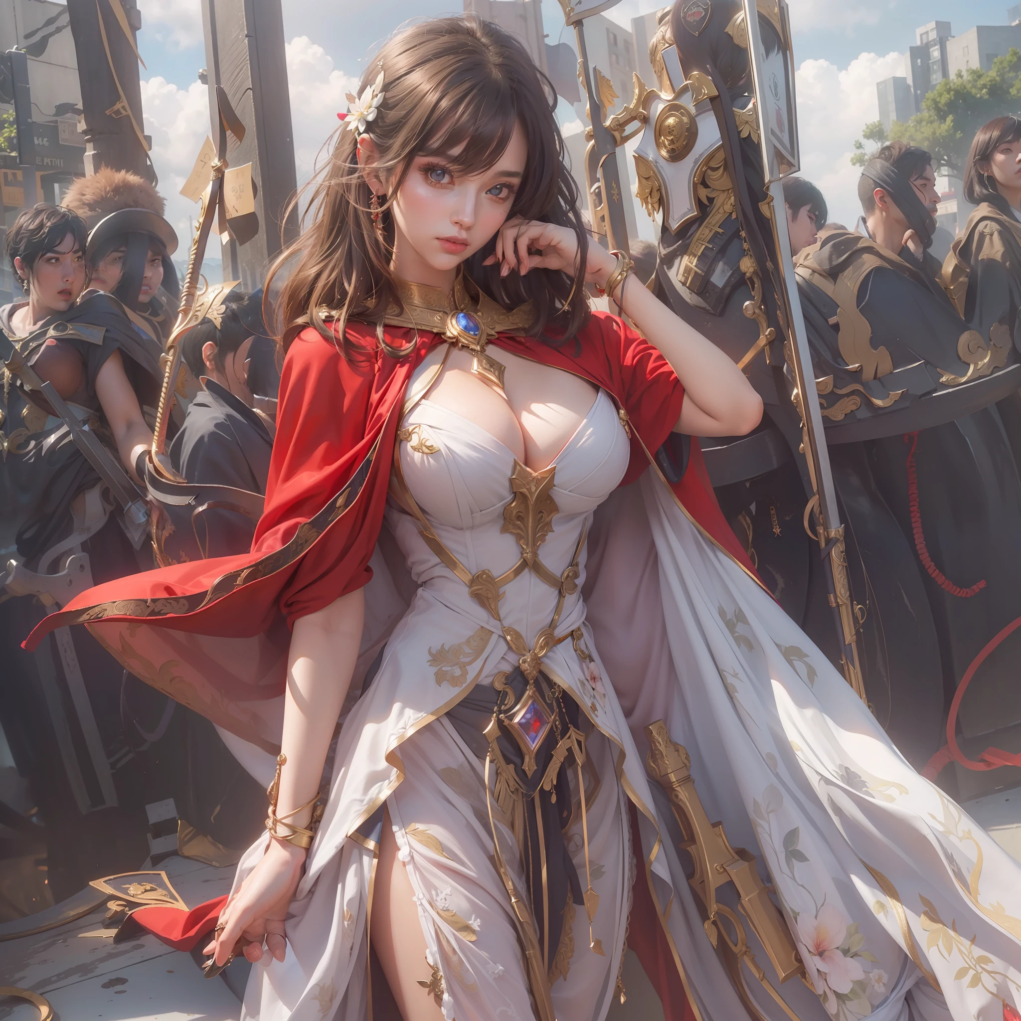 ((masterpiece))), (((best quality))), ((ultra-detailed)), (hyperrealistic), (highly detailed CG illustration), cinematic light, photorealistic ,extremely beautiful young lady, light makeup, big breast, intricate detailed eaba, red cape, spear