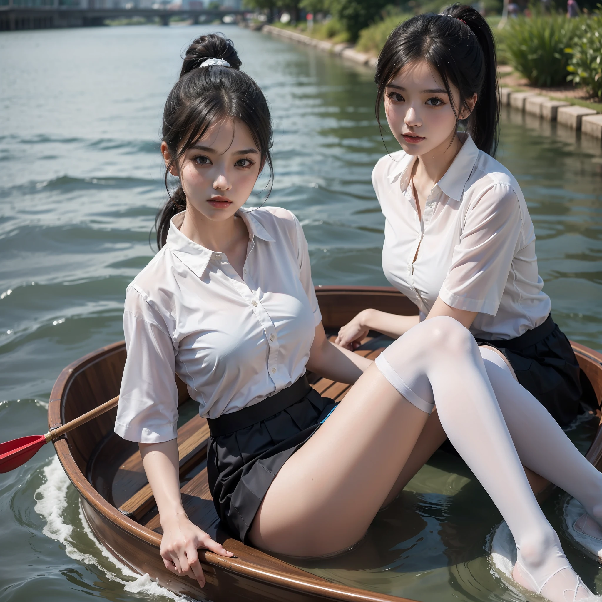 (Masterpiece), (Best Quality: 1.0), (Ultra High Resolution: 1.0), Delicate Eyes, 1 Girl, (Big), Soaked Shirt, (Stockings), Ponytail, Dragon Boat Festival, (Short Skirt), (Dragon Boating, Boating), Realistic, (River, Pier, Beautiful Views)