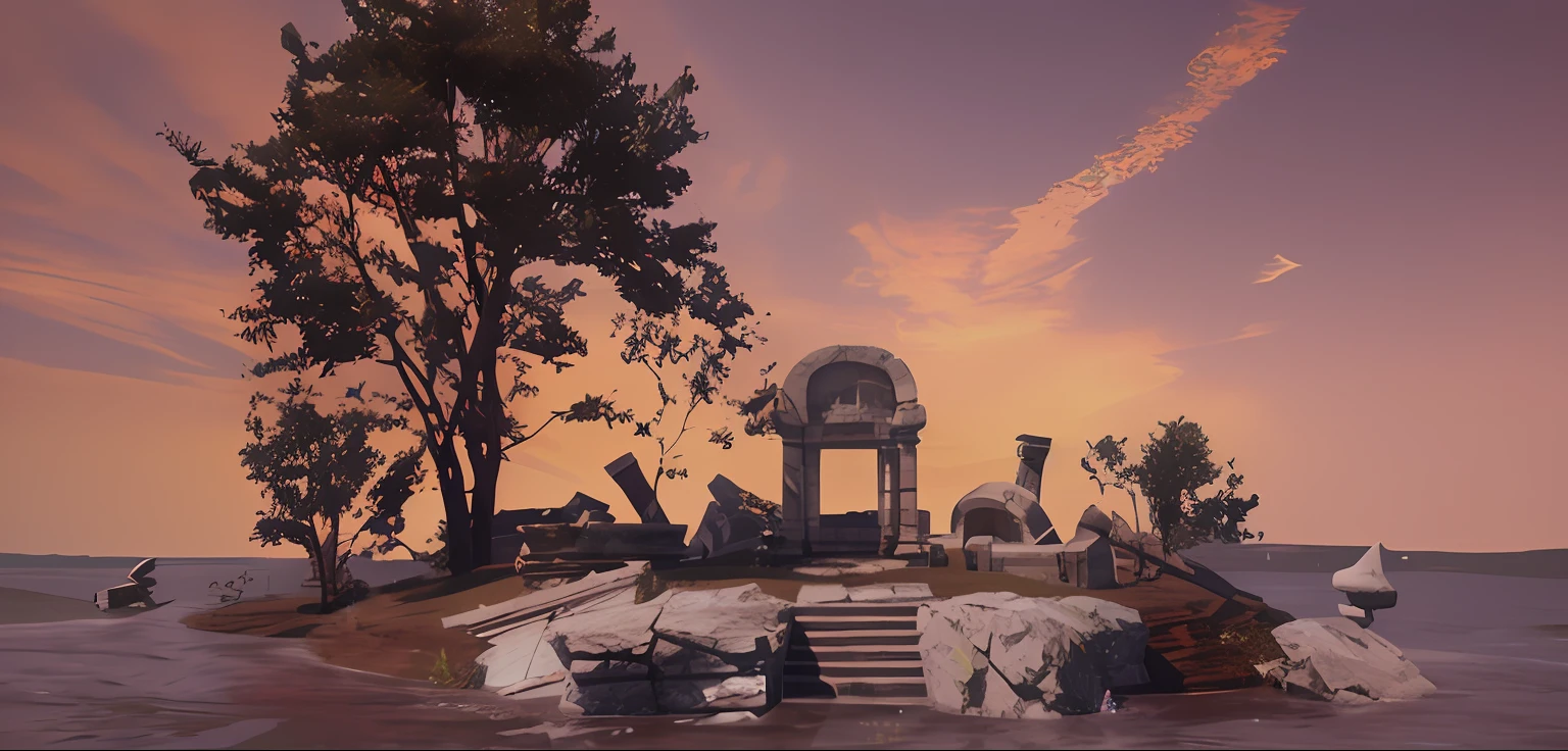 There is an island in the middle of the water，There is a bell tower, Ancient mysterious ruins, Temple ruins, ruined temple, mysterious temple setting, ruins landscape, scenic dystopian environment, exterior of scifi temple, post apocalyptic ancient ruins, 废墟, 废墟, game environment, Huge giant old ruins, enb, giant grave structures, War-ravaging the environment, background is the ruins