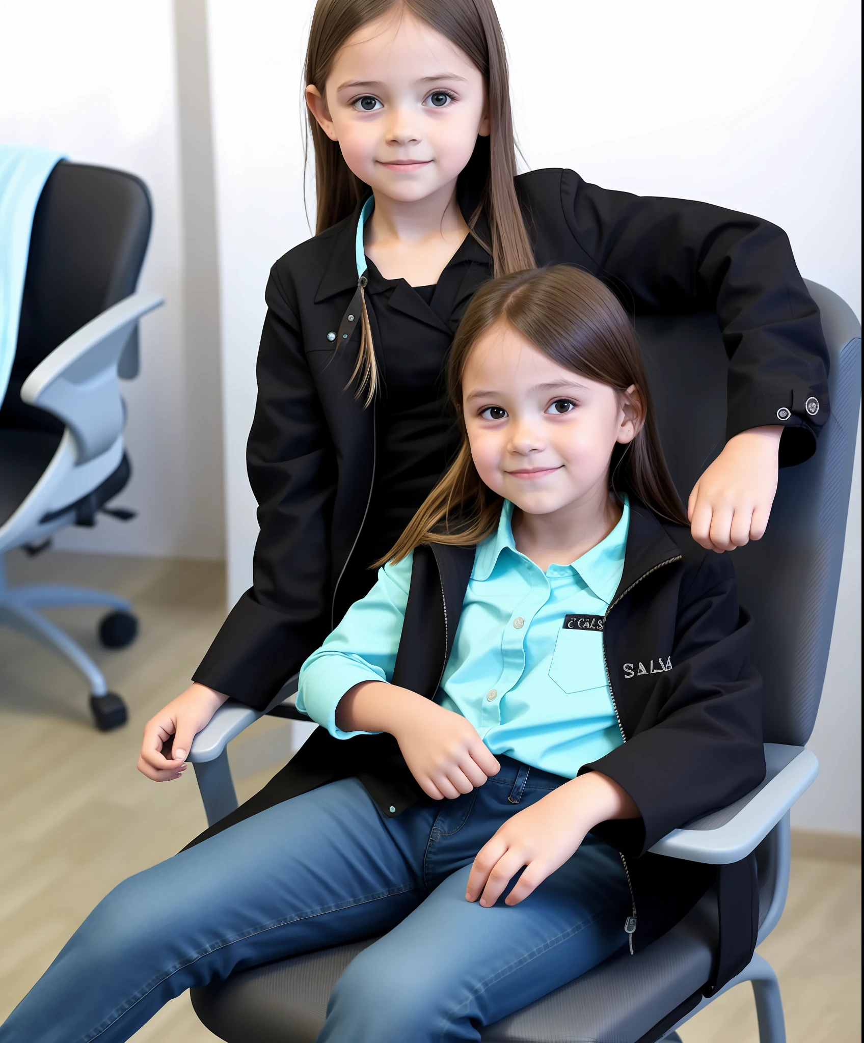 A  sitting in a detrous chair of an office wearing a black jacket, a braca blouse and a calsa jeans image of the whole body distant image