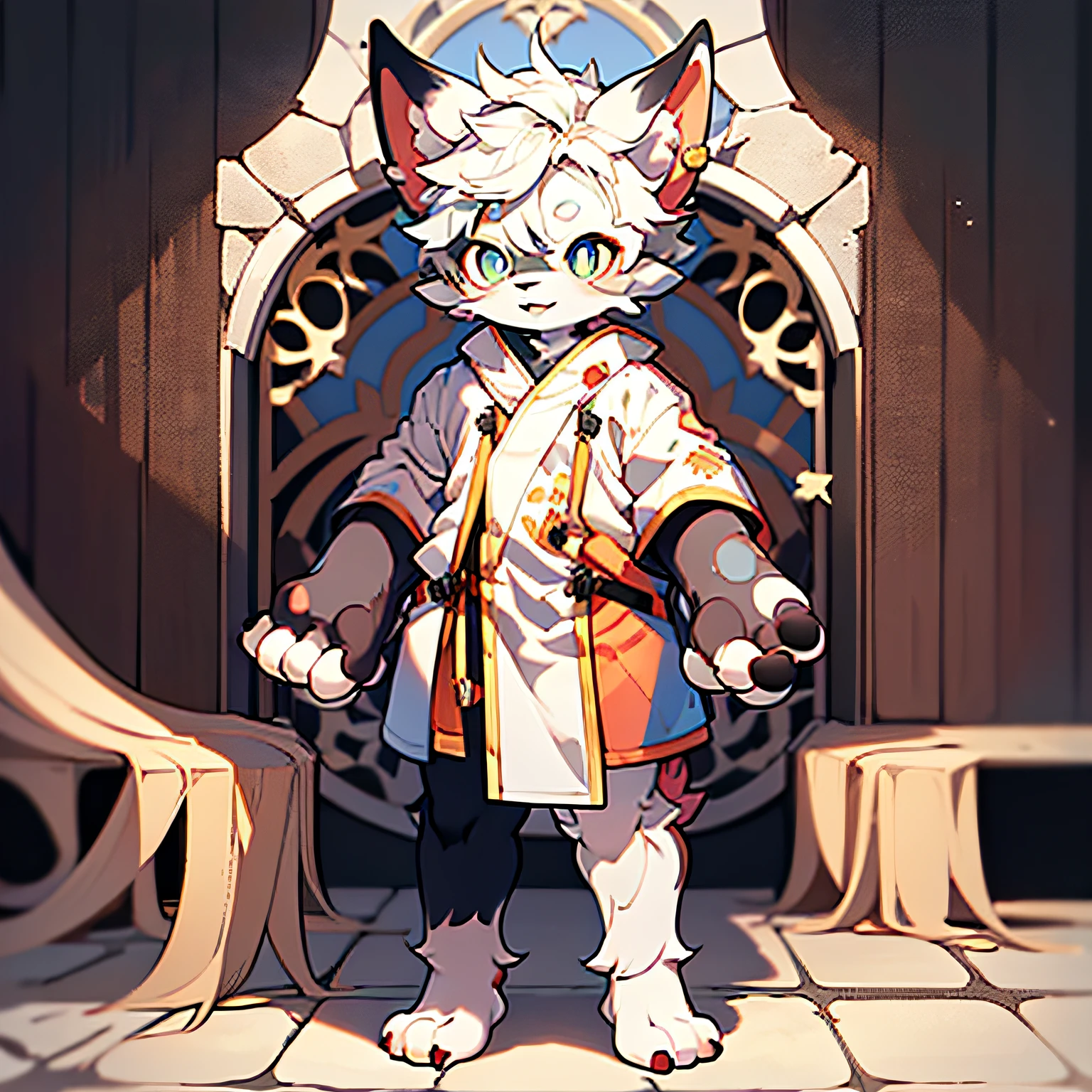 Furry Dogs Forelimb Hands Hindlimb Legs and Feet Standing Shota Overall White Head, arms, body, legs with bluish black pattern, whole body, pink flesh pad, eyes and pupils blue, furry, no clothing, two ears