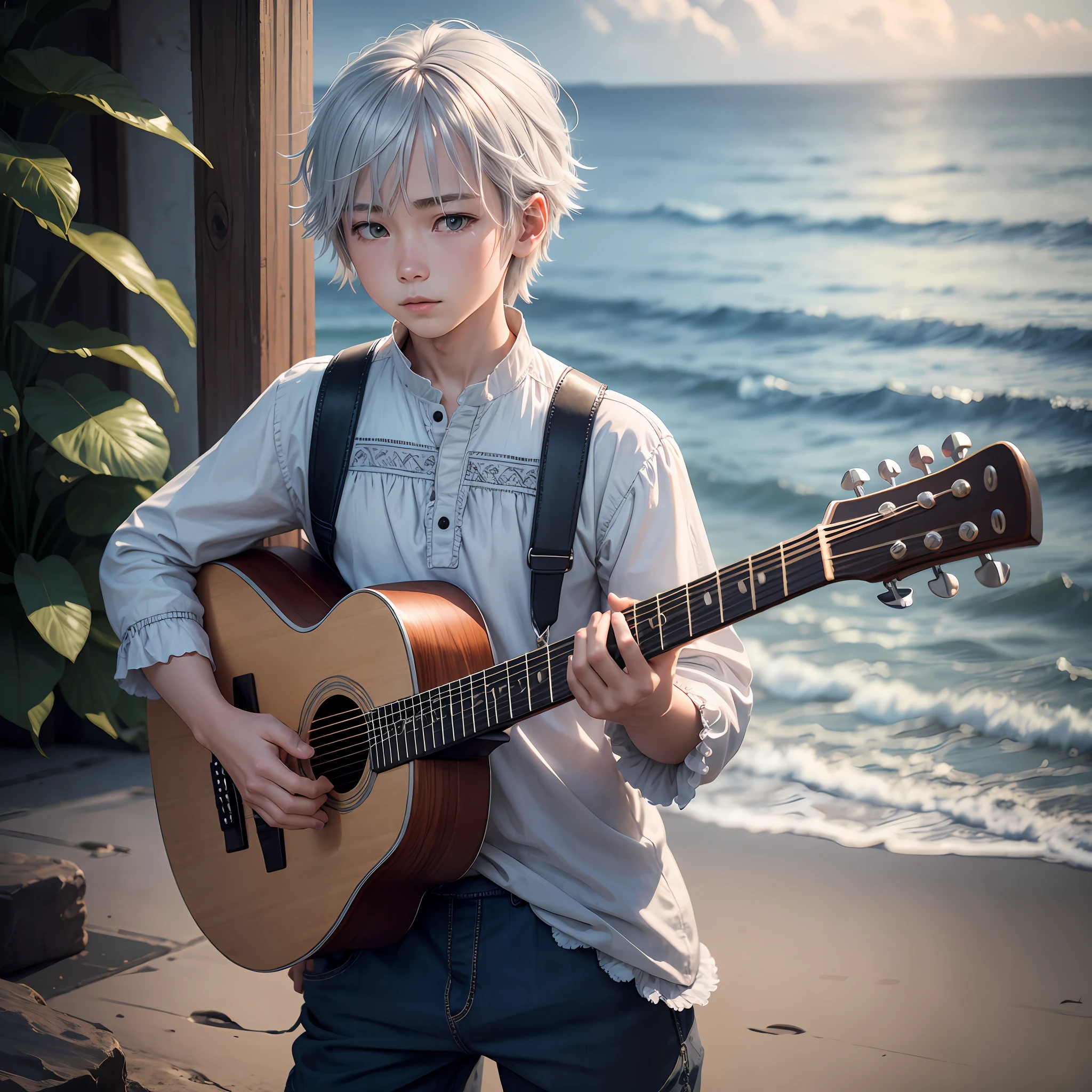 Folk guitar sea in background boy silver hair villa night --auto